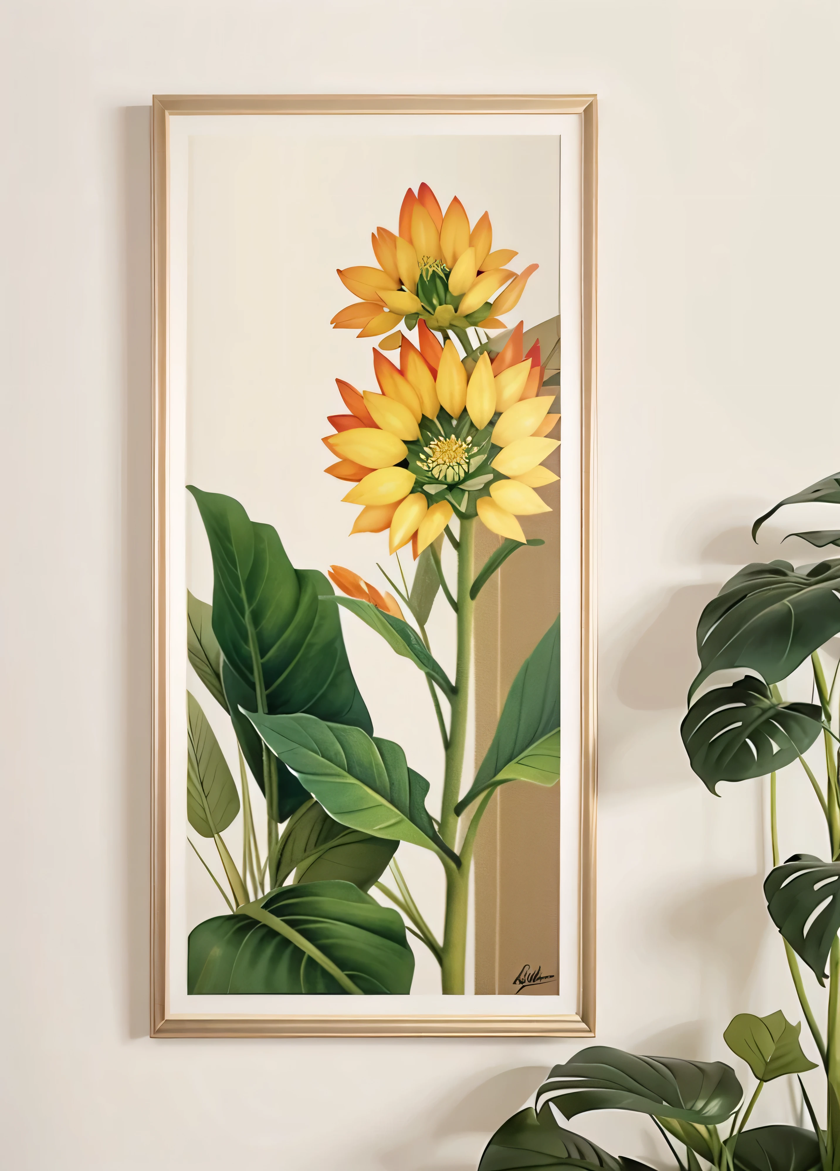 Plant painting with leaves close-up, canvas Art print, clean and elegant painting, Realistic flower oil painting, Hours 7 0 4, gold leaf painting, Digital Art 9 6 0, canvas Art, canvas painting, high quality painting, Meticulous painting, Frame border of golden leaves, Art, high definition Art, high quality Art