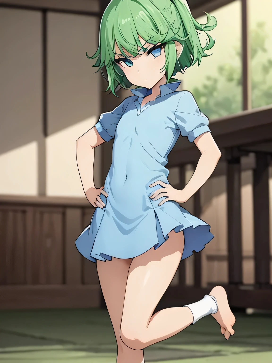 highest quality、ultra high resolution、Professional specifications、green hair,green eyes、cry、(collar),(lead)、((elementary school girl))、((flat chest))、medium hair、((The outline shines))、((stand with hands on hips:1.5))、((From under her feet:1.8))、small ass、((white panties))、school classroom、((10 years old))、****con、(((spread your legs wide open)))、turned up skirt、panties close up