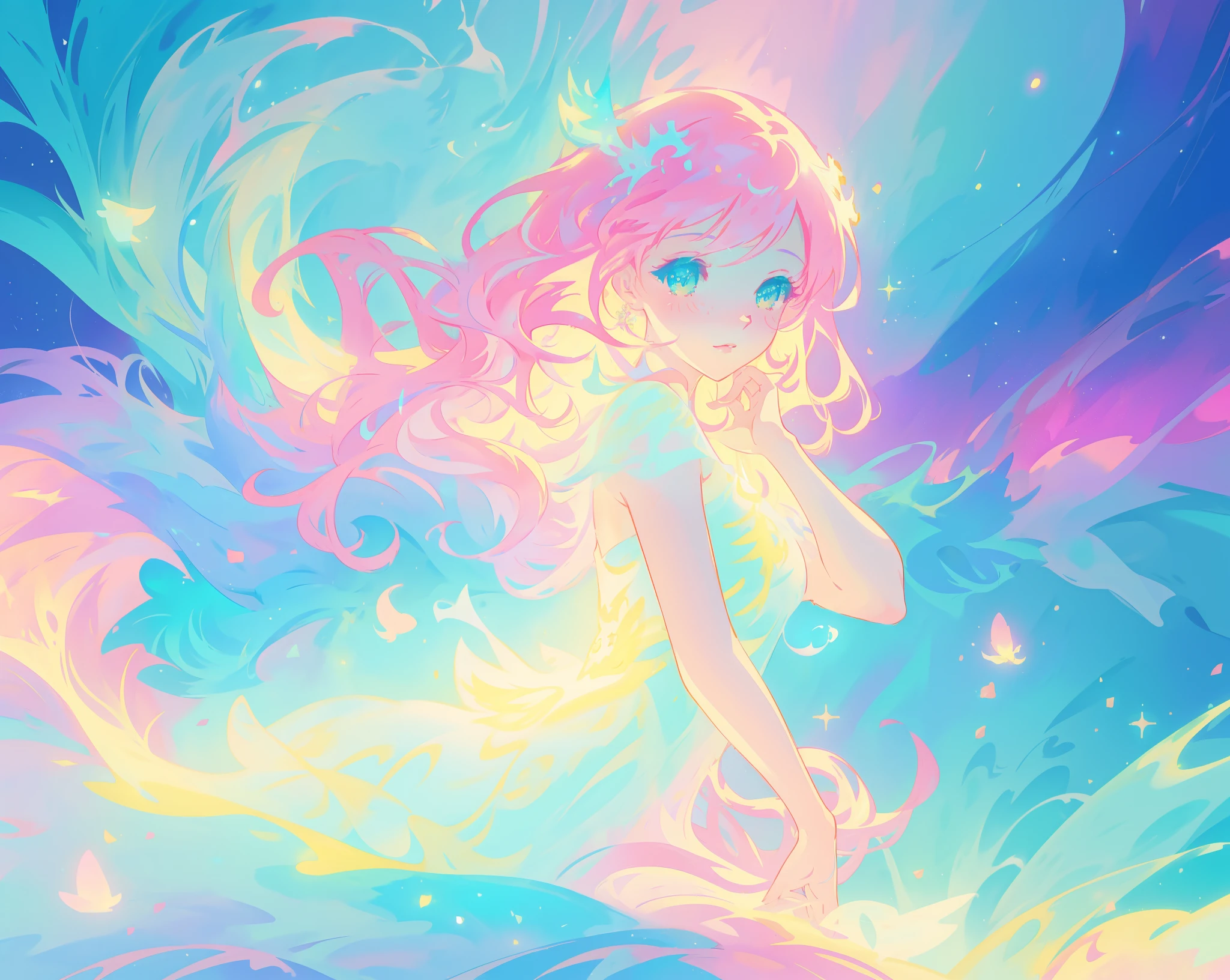 beautiful girl in sparkling white puffy dress, vibrant pastel colors, (colorful), magical lights, long flowing colorful pink hair, otherworldly aqua and blue landscape background, inspired by Glen Keane, inspired by Lois van Baarle, disney art style, by Lois van Baarle, glowing aura around her, by Glen Keane, jen bartel, glowing lights! digital painting, flowing glowing hair, glowing flowing hair, beautiful digital illustration, fantasia background, whimsical, magical, fantasy, beautiful face, ((masterpiece, best quality)), intricate details, highly detailed, sharp focus, 8k resolution, sparkling detailed eyes, liquid watercolor