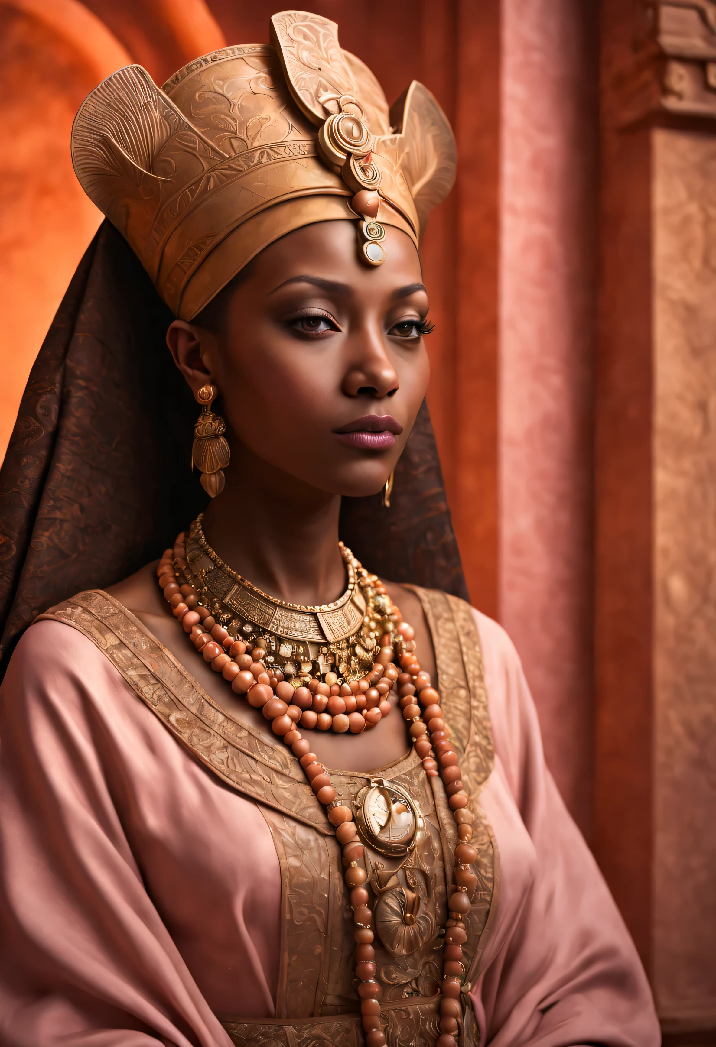 Queen Hatshepsut, the Scent Queen, Frankincense lover, Collected Frankincense for her temple, a striking shade of Peach Fuzz, A light, delicate shade that sits between pink and orange, are captivating, cinematic lighting, Surrealism, Conceptual art, Romanticism, Realism, high quality, award winning, retina, Shot on a Hasselblad high format camera with a 100mm lens. Unmistakable to a photograph. Cinematic lighting. Very accurate representations and details for the photos 4k, 8k, 16k, full ultra hd, high resolution and cinematic photography --ar 3:2  --v 5 --up-beta --v 5 --Screen Space Reflections --Diffraction Grading --Chromatic Aberration --GB Displacement --Scan Lines --Ambient Occlusion --Anti-Aliasing FKAA --TXAA --RTX --SSAO --OpenGL-Shader’s --Post Processing --Post-Production --Cell Shading --Tone Mapping --CGI --VFX --SFX --insanely detailed and intricate --hyper maximalist --elegant --dynamic pose --photography --volumetric --ultra-detailed --intricate details --super detailed --ambient –uplight 