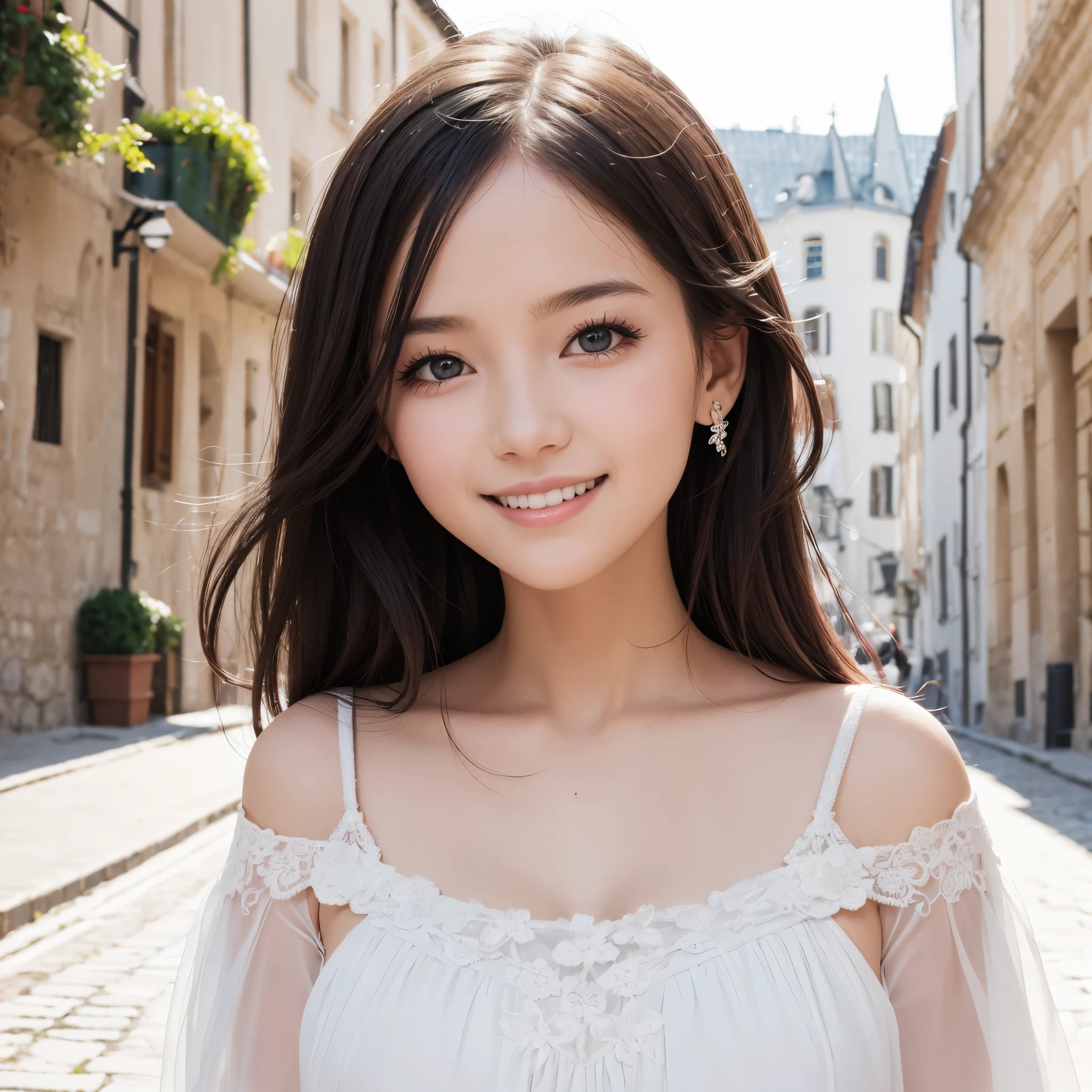 girl, solo, smile, white elegant dress, in the old city, in Europe, bokeh, natural light