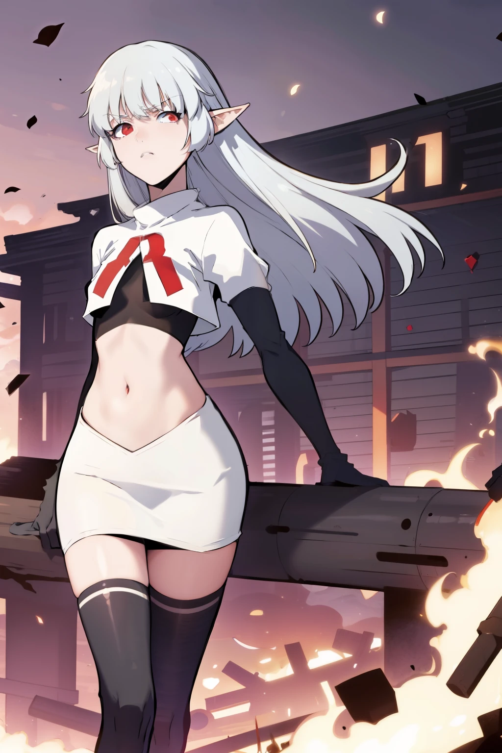 best quality, (masterpiece:1.2), detailed,
alice,
grey hair, long hair, red eyes, pointy ears, small breasts,
team rocket,team rocket uniform, red letter R, white skirt,white crop top,black thigh-highs,black elbow gloves,
looking at the viewer,