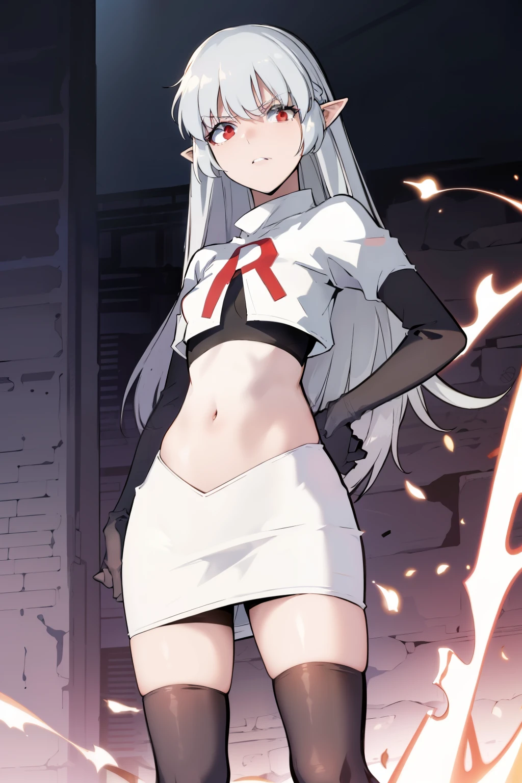 best quality, (masterpiece:1.2), detailed,
alice,
grey hair, long hair, red eyes, pointy ears, small breasts,
team rocket,team rocket uniform, red letter R, white skirt,white crop top,black thigh-highs,black elbow gloves,
looking at the viewer,