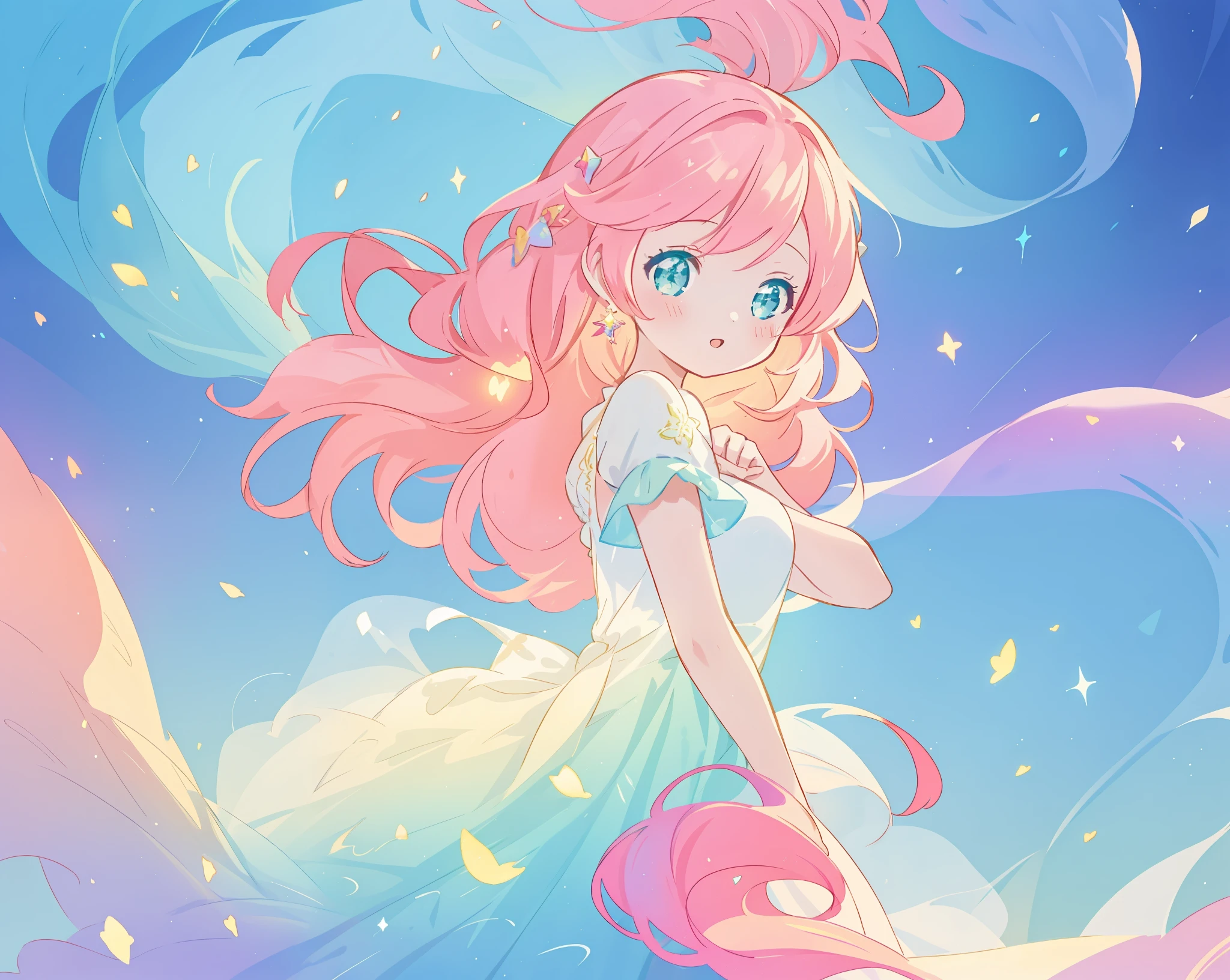 beautiful girl in sparkling white puffy dress, vibrant pastel colors, (colorful), magical lights, long flowing colorful pink hair, otherworldly aqua and blue landscape background, inspired by Glen Keane, inspired by Lois van Baarle, disney art style, by Lois van Baarle, glowing aura around her, by Glen Keane, jen bartel, glowing lights! digital painting, flowing glowing hair, glowing flowing hair, beautiful digital illustration, fantasia background, whimsical, magical, fantasy, beautiful face, ((masterpiece, best quality)), intricate details, highly detailed, sharp focus, 8k resolution, sparkling detailed eyes, liquid watercolor