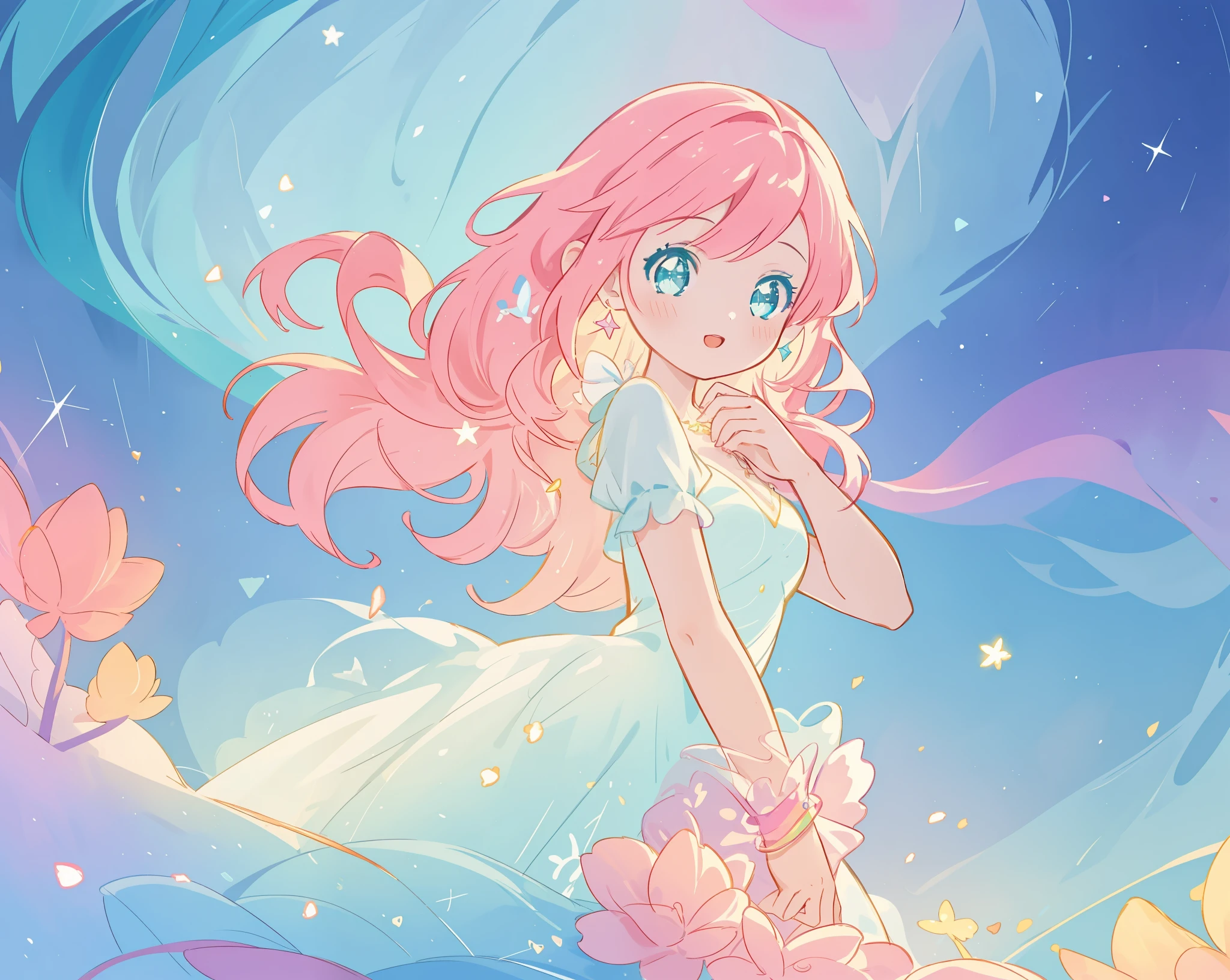 beautiful girl in sparkling white puffy dress, vibrant pastel colors, (colorful), magical lights, long flowing colorful pink hair, otherworldly aqua and blue landscape background, inspired by Glen Keane, inspired by Lois van Baarle, disney art style, by Lois van Baarle, glowing aura around her, by Glen Keane, jen bartel, glowing lights! digital painting, flowing glowing hair, glowing flowing hair, beautiful digital illustration, fantasia background, whimsical, magical, fantasy, beautiful face, ((masterpiece, best quality)), intricate details, highly detailed, sharp focus, 8k resolution, sparkling detailed eyes, liquid watercolor
