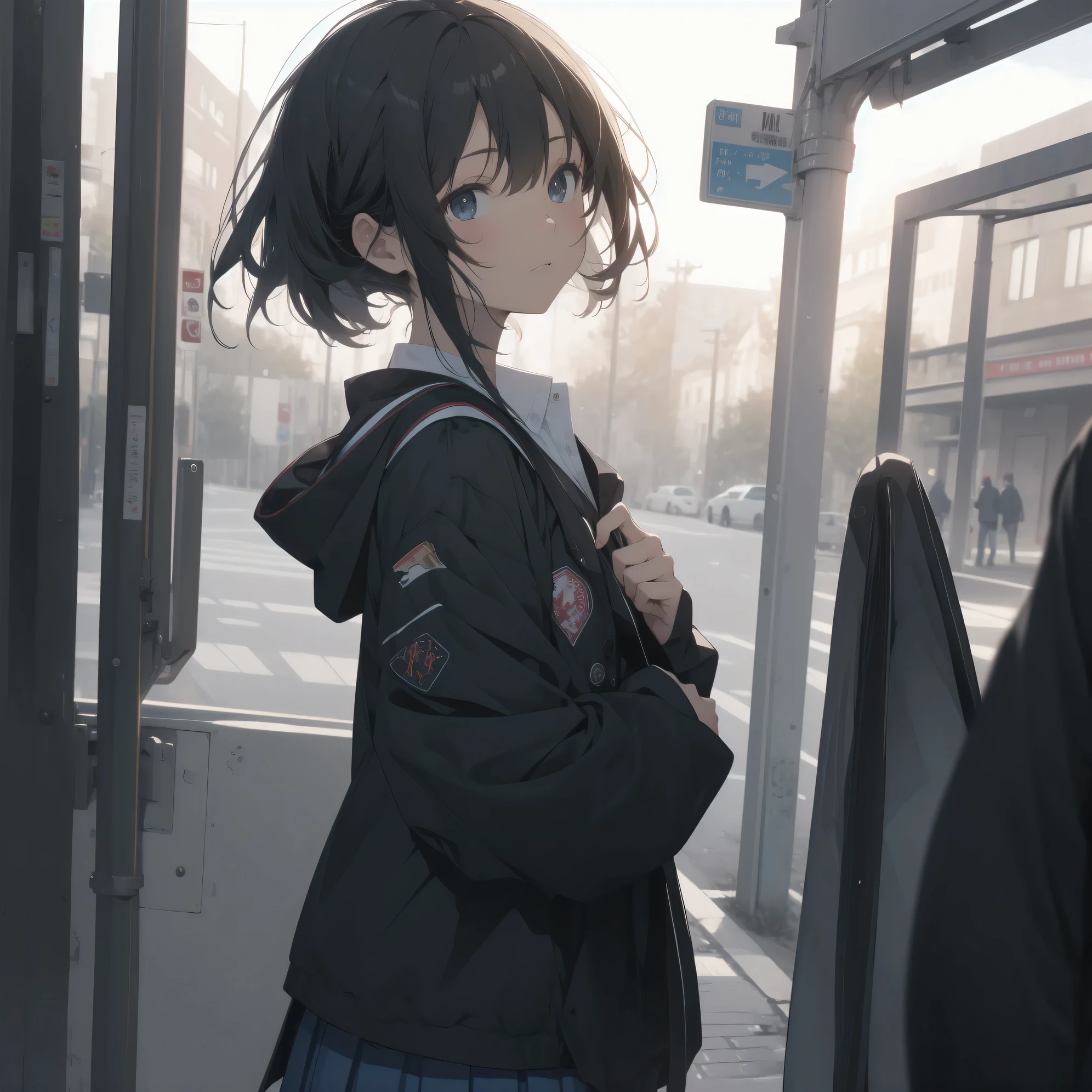 Super absurd quality by the god of art, super detailed, High resolution, anime moe art style, Best Anime 8K Kona-chan Wallpaper, pixiv contest winner, perfect anatomy, break,(眠そうにalone学校へ行く女の子を描いてください. )break,1 girl, (alone,little woman, baby face, :1.3),All limbs, full finger,, The charm of an immature body, (very_short hair), bangs, flat chest, Small Bodysuits, small ass, between legs, small black eyes, detailed and beautiful eyes, Well-proportioned iris and pupils, expressive eyes, sleepy eyes, High resolutionの詳細な髪, hair ornaments, skirt, collared shirt, pleated skirt, school uniform, school bag,(detailed lighting), (detailed background), On the way to school. break,super dense skin, Best movie lighting by famous artists, 8k,cute illustration,photoshop_(Moderate),Absurd Hi-Res,Hmm,rough skin