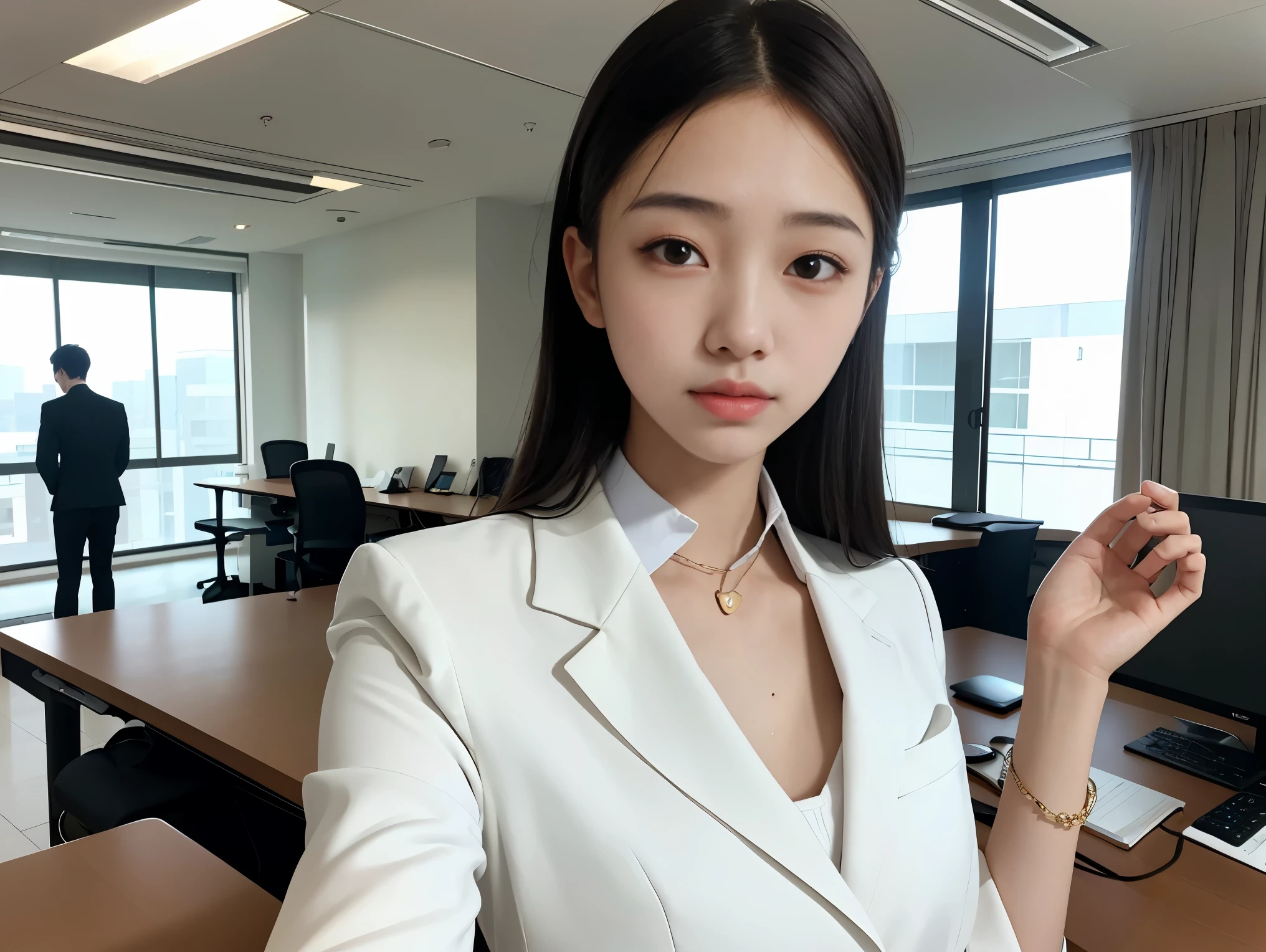 A beautiful age woman, slender body, white skin, wearing working formal office suits, beautiful modern house in background, wide angle view