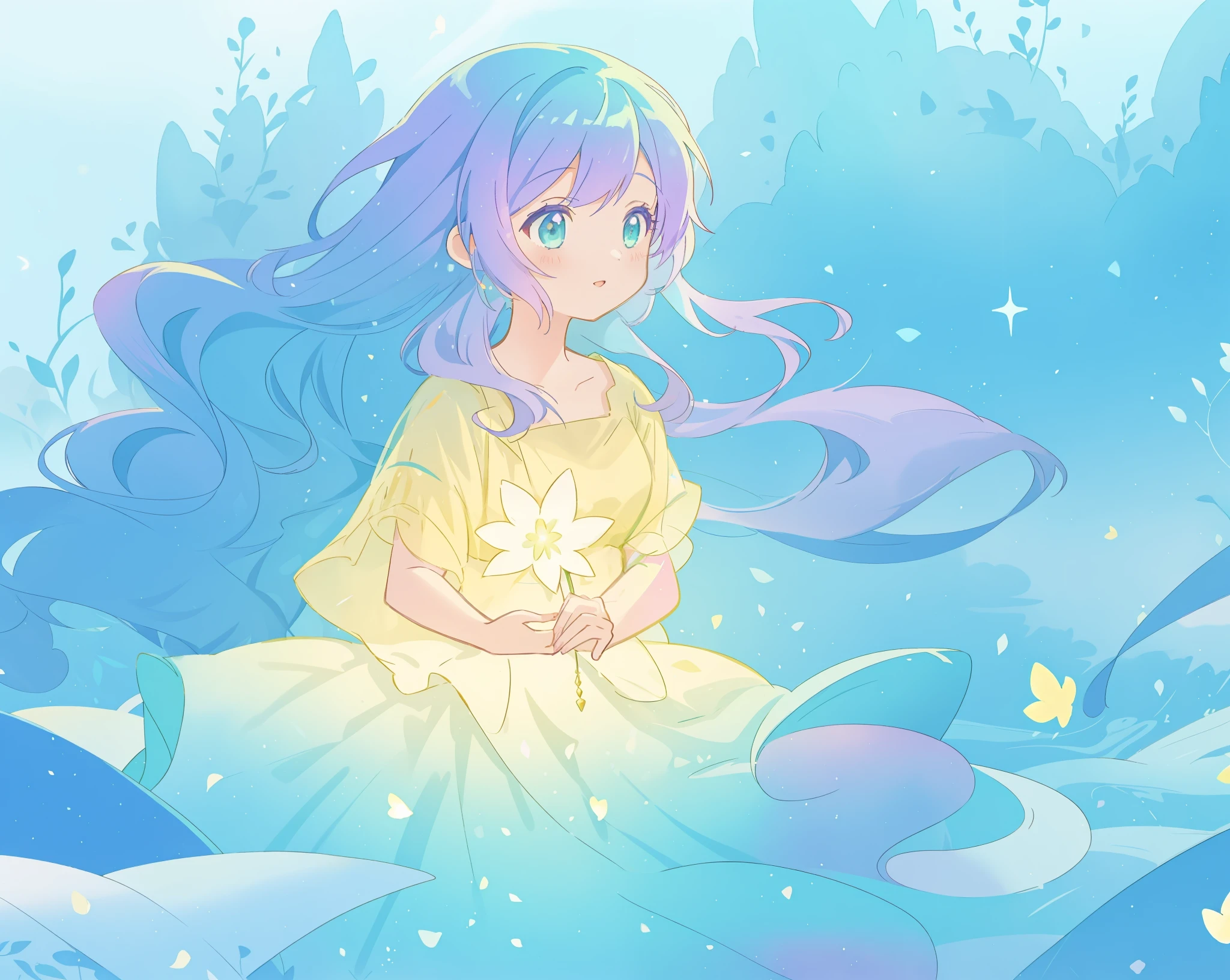 beautiful girl in yellow mint gradient flowing ballgown, long flowing blue purple hair, colorful fantasia background, watercolor illustration, disney art style, glowing aura around her, glowing lights, beautiful digital illustration, fantasia otherworldly landscape plants flowers, beautiful, masterpiece, best quality, anime disney style
