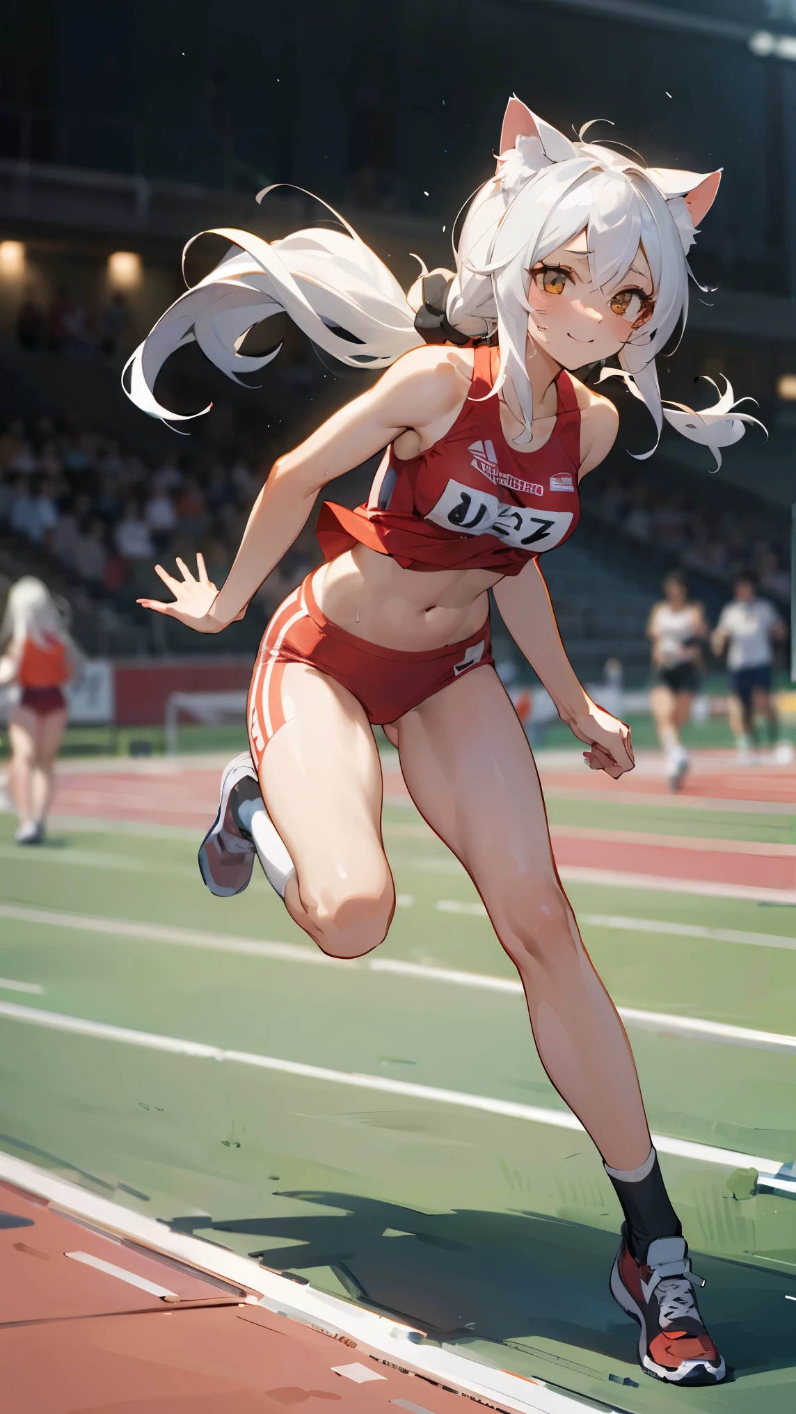 (((RAW photo , insanely detailed, highest quality, high resolution, solo,))) ((white hair Beach waves hairstyle )), (((cosmetics))),large tits, ((( White catgirl))), transparent sweat,smirk, full body, Running, ((women's track and field marathon in red uniform, belly button, white breath, breast squeeze, track and field)),