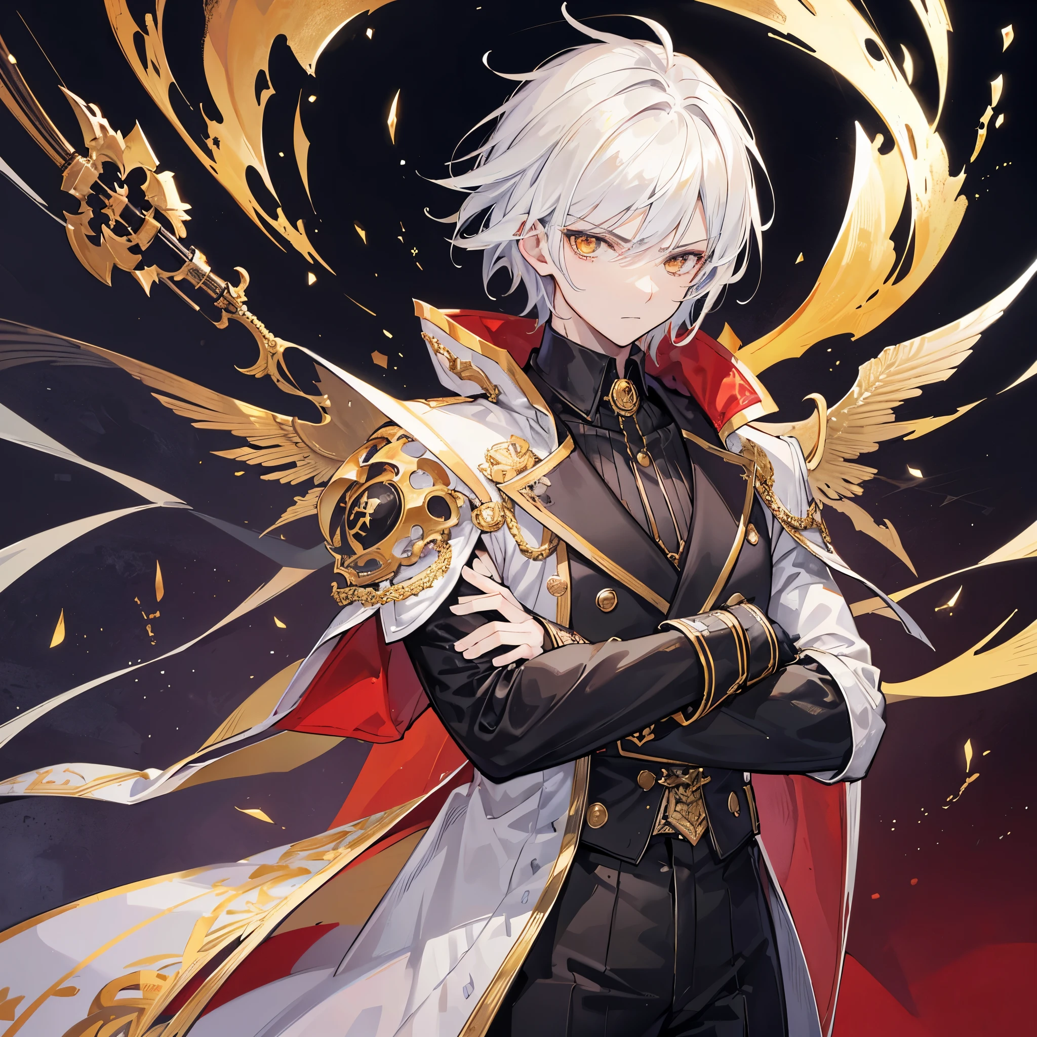Handsome male, 1male, 17 years old, teenager, golden lining, short white hair, gold eyes, devil may cry, close up, calm expression, stoic, black leather clothes, black gloves, crossed arms, upper body, looking at viewer, cowboy shot, black dragon background