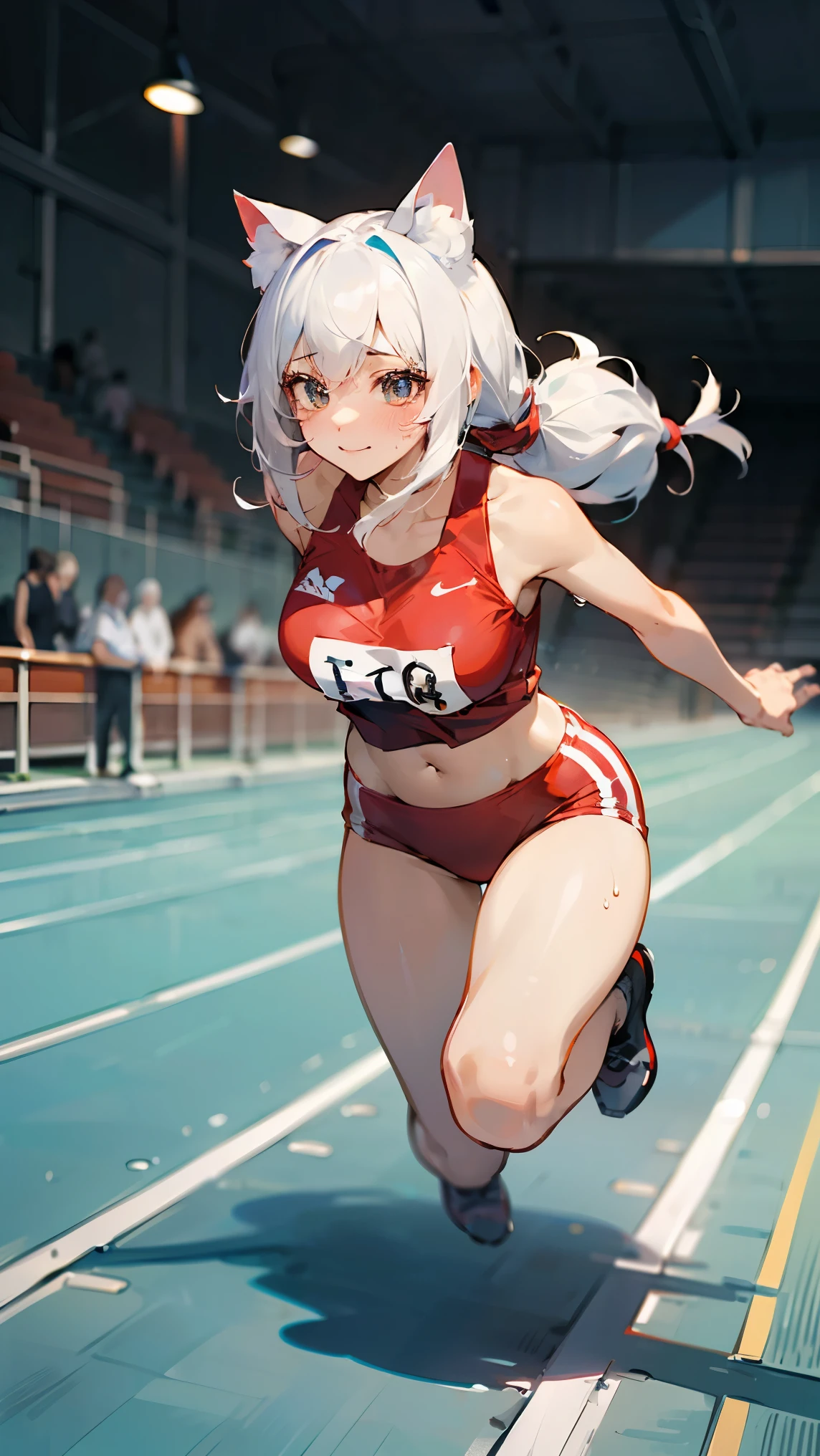 (((RAW photo , insanely detailed, highest quality, high resolution, solo,))) ((white hair Beach waves hairstyle )), (((cosmetics))),large tits, ((( White catgirl))), transparent sweat,smirk, full body, Running, ((women's track and field marathon in red uniform, belly button, white breath, breast squeeze, track and field)),