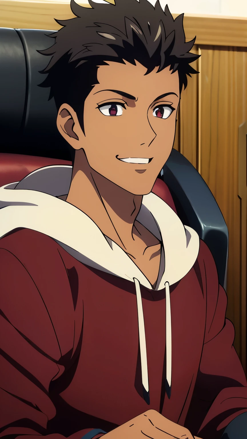 Tan skin, dark colored skin, black skin color, (high-quality, breathtaking),(expressive eyes, perfect face) portrait, 1boy, male, solo, adult, age 20, maroon colored eyes, dull maroon eyes, wearing black hoodie, cool black hoodie, wearing modern black hoodie, cheeky grin, sly smile, closed mouth sly smile, black hair, black hair with sides faded, short lock hairstyles, looking towards viewer dreamily, big masterpiece, best quality, extremely detailed CG, beautiful detailed eyes, ultra-detailed, intricate details:1.2), 8k wallpaper, elaborate features, glistening shiny, glowing light, ray tracing, HDR, deph of field, (perfect face), HD, perfect lighting, ((beautiful detailed eyelashes)), siting in a fancy chair, wearing black