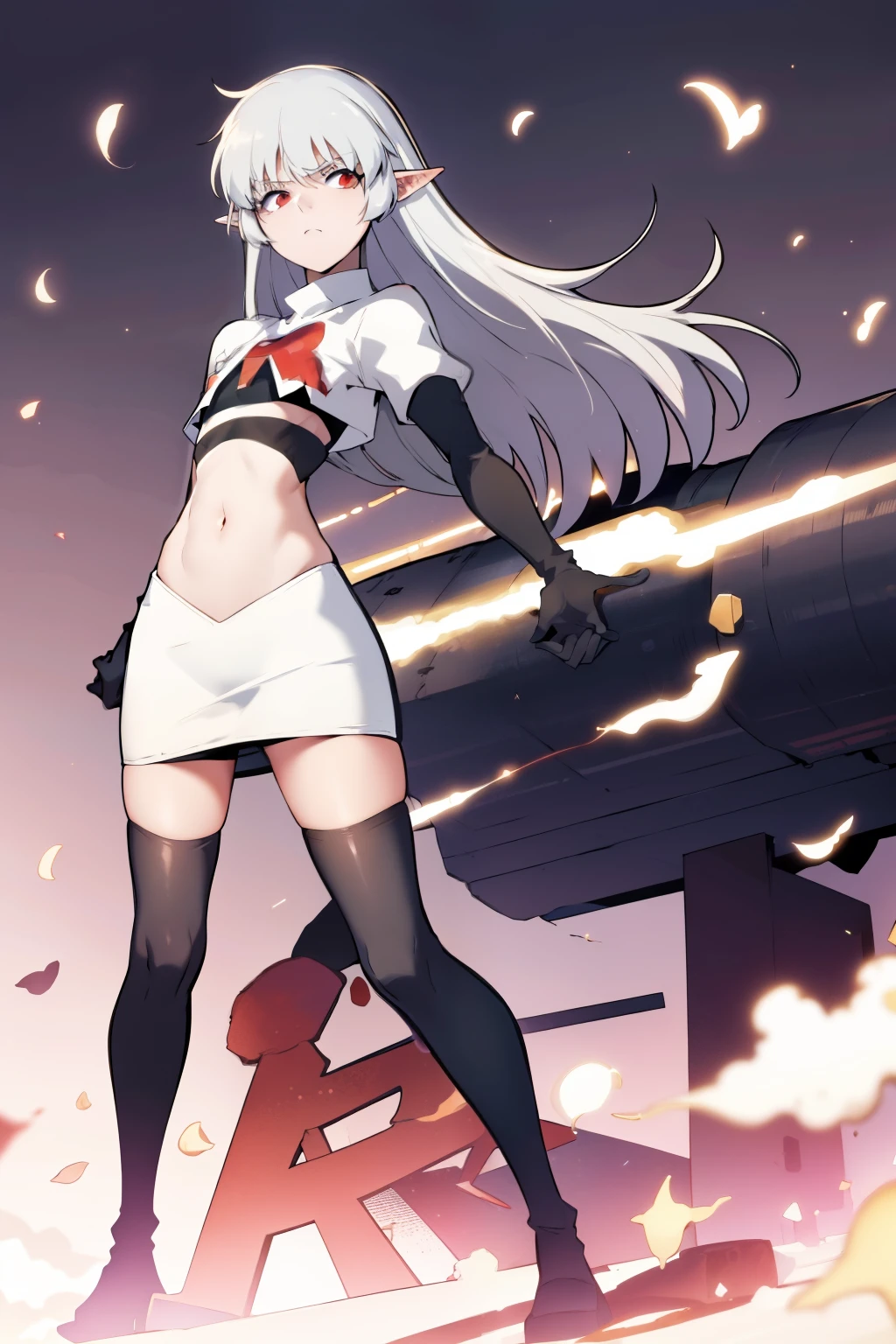 best quality, (masterpiece:1.2), detailed,
alice,
grey hair, long hair, red eyes, pointy ears, small breasts,
team rocket,team rocket uniform, red letter R, white skirt,white crop top,black thigh-highs,black elbow gloves,
looking at the viewer,