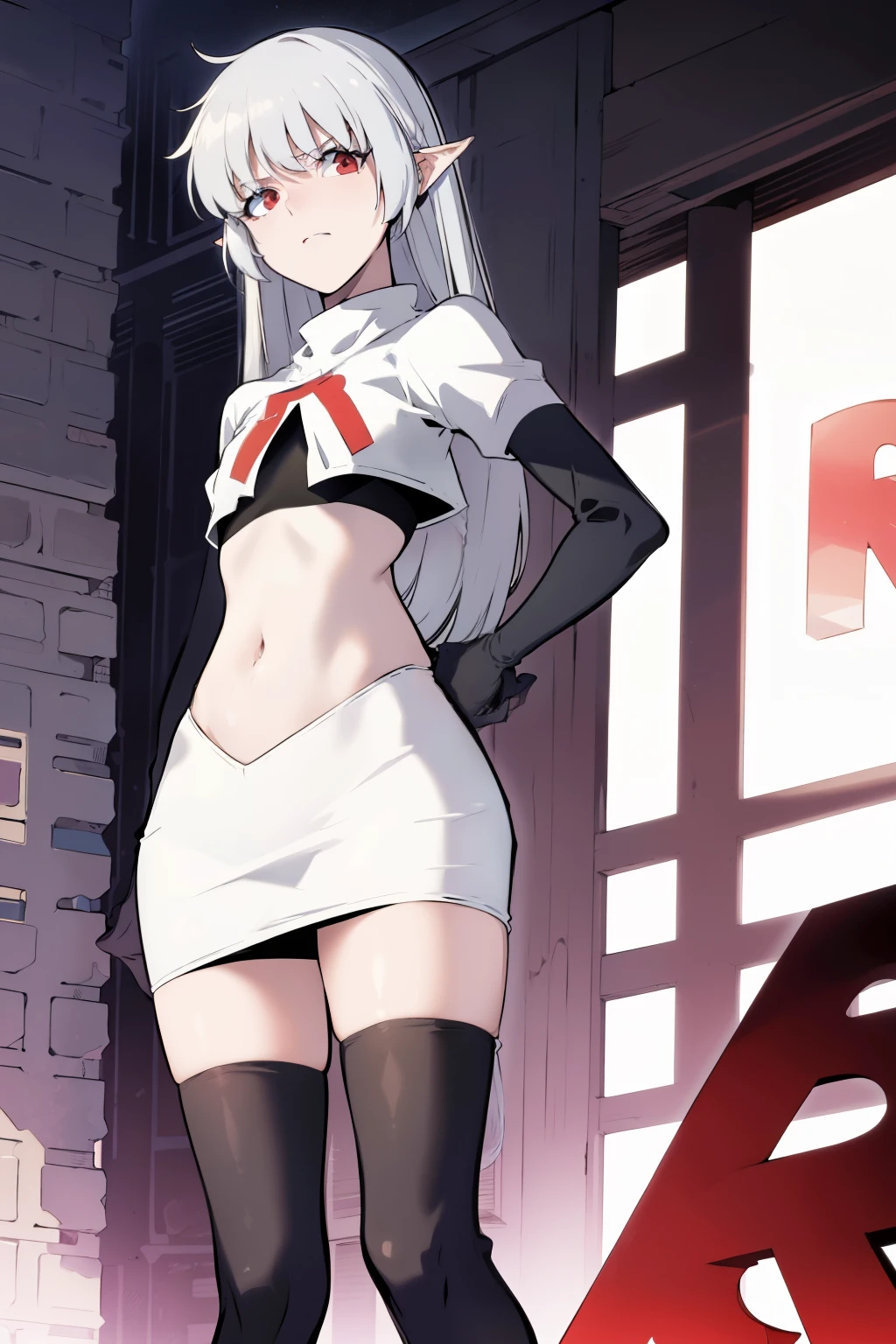 best quality, (masterpiece:1.2), detailed,
alice,
grey hair, long hair, red eyes, pointy ears, small breasts,
team rocket,team rocket uniform, red letter R, white skirt,white crop top,black thigh-highs,black elbow gloves,
looking at the viewer,