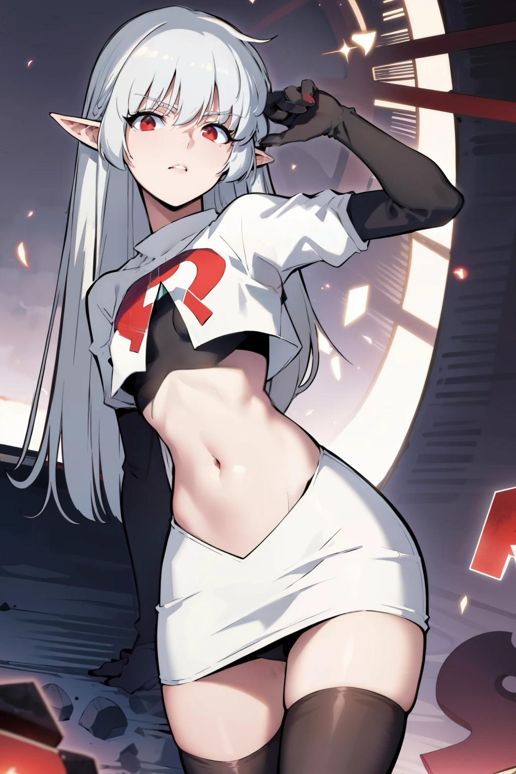 best quality, (masterpiece:1.2), detailed,
alice,
grey hair, long hair, red eyes, pointy ears, small breasts,
team rocket,team rocket uniform, red letter R, white skirt,white crop top,black thigh-highs,black elbow gloves,
looking at the viewer,