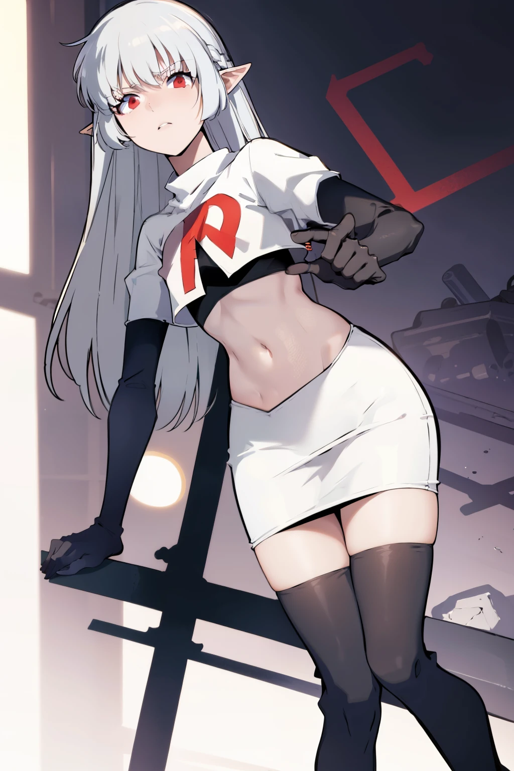 best quality, (masterpiece:1.2), detailed,
alice,
grey hair, long hair, red eyes, pointy ears, small breasts,
team rocket,team rocket uniform, red letter R, white skirt,white crop top,black thigh-highs,black elbow gloves,
looking at the viewer,