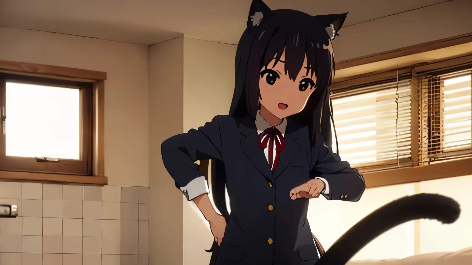 (best quality, masterpiece:1.2), 1girl, (((masterpiece))), top-quality, top-quality, High Details, nakano azusa, 1girl, Cafe waiter uniform, black cat ear, (((black cat ear))), Twin-tailed, length hair, A dark-haired, brown-eyed, solo, reddish, thin red ribbon, Solid white buttoned shirt under blazer, illustratio, comic strip, soothing tones, Subdued Color, Soft cinematic light, adobe lightroom, photolab, HDR, intricately and hyper-detailed、(((depth of fieldasterpiece)))。(((top-quality))).)((ultra-detailliert)))。(((illustratio)))。(((takeout))).dynamic focus.big breasts.(((kitchen))).(((A home))).(((Face of Smile))). open mouth.(((put hands on the hip))).(((up chest))).((morning glow)).((the setting sun)), solo, anime, anime screencap,  ray tracing, global illumination, ultra resolution image, vivid color,  cinematic light,  lens flare,  light on face, glow eyes,  depth of field, happy, detailed background, cute,  straight-on, dive dress, navel,