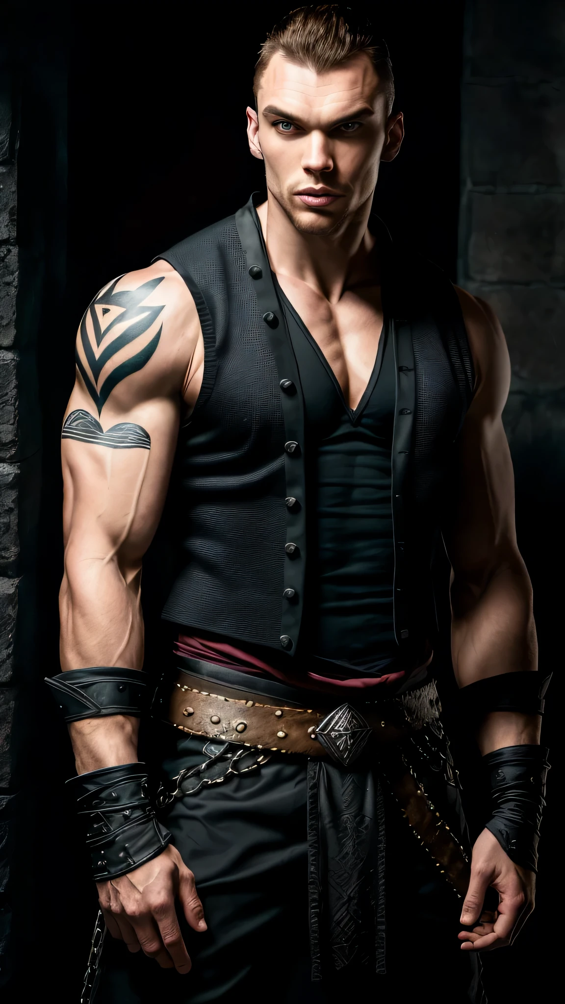 a handsome guy, 16k, Ultra HD, HDR, (artwork: 1.5), (Best quality: 1.5), beautiful face, Shirtless, shiny hair, (high detailed skin: 1.2), (Best quality: 1. 5 ), full body, muscular, fit, hairy, very muscular male body, intricate, highly detailed, art station, sharp focus, illustration, detailed, HDR. --air 9:16, Alone, Backlit, (glow effects:1. 1), (by Anne Stokes), 16k, Ultra HD, HDR, (artwork:1. 5), (Best quality:1. 5), Candid Cinema RAW, 16mm, ((graded color 400 portra film)) ((remarkable color)), (ultra realistic), textured skin, remarkable detailed pupils, ((realistic dull skin noise)), ((detail visible skin)), ((skin fuzz)), (dry skin) shot with cinema camera, digital art, glow effects, hand drawn, r8k, octane rendering, cinema 4d, blender, dark, atmospheric 4k ultra detailed, sensual cinematic, sharp focus, humorous illustration, large depth of field, artwork, colors, 3d octane rendering, conceptual art, trending on art station, hyperrealistic, vivid colors, model shoot style, (extremely detailed CG unity 8k wallpaper),, high detail,Change the background man, don't change the face, don't change the color of the clothes, ultra HD face tattoo rating,man, film set, neon light ends, night, rain, volumetric lighting, best quality, artwork, realistic