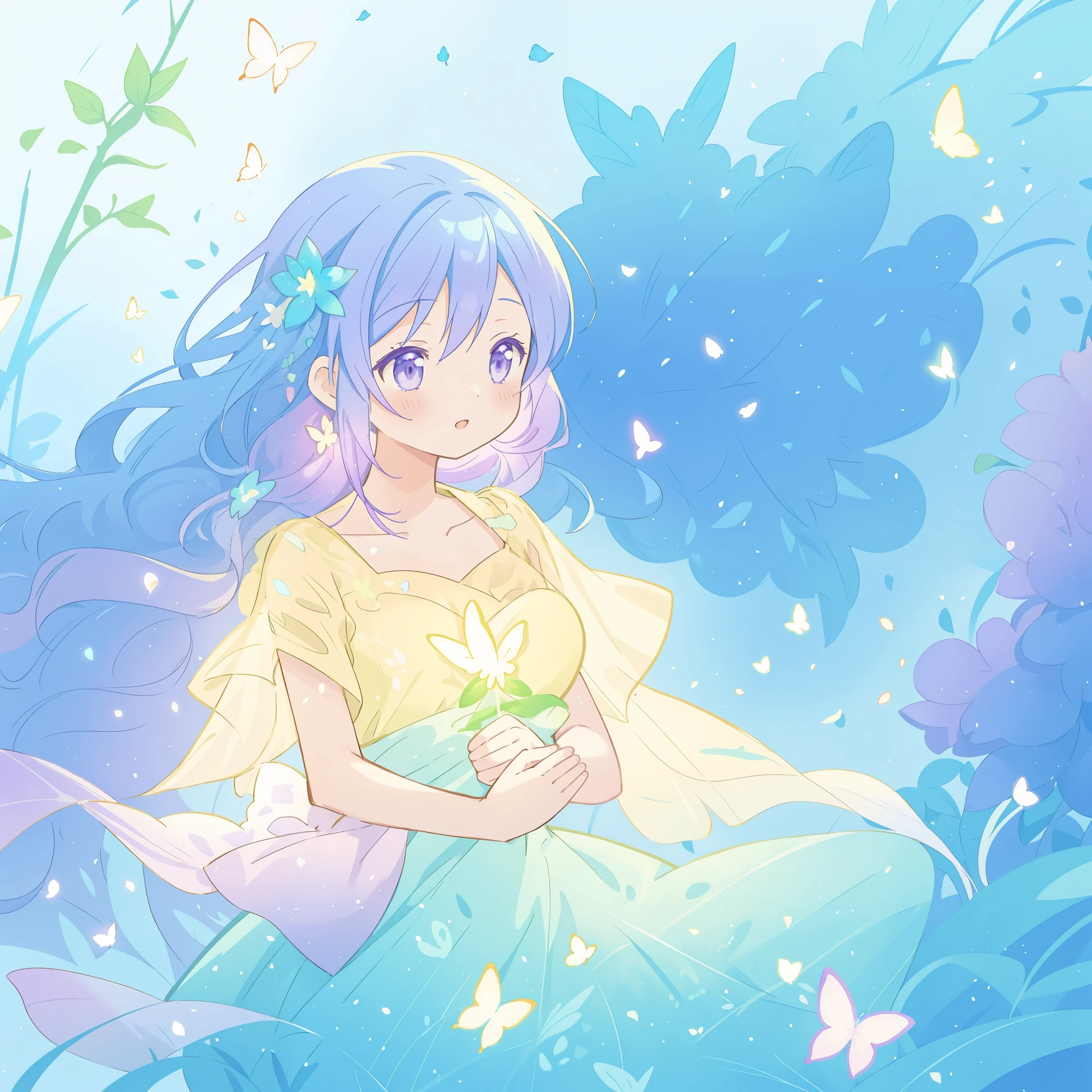 beautiful girl in yellow mint gradient flowing dress, long flowing blue purple hair, glowing flowers, glowing butterflies, colorful fantasia background, watercolor illustration, disney art style, glowing aura around her, glowing lights, beautiful digital illustration, fantasia otherworldly landscape plants flowers, beautiful, masterpiece, best quality, anime disney style