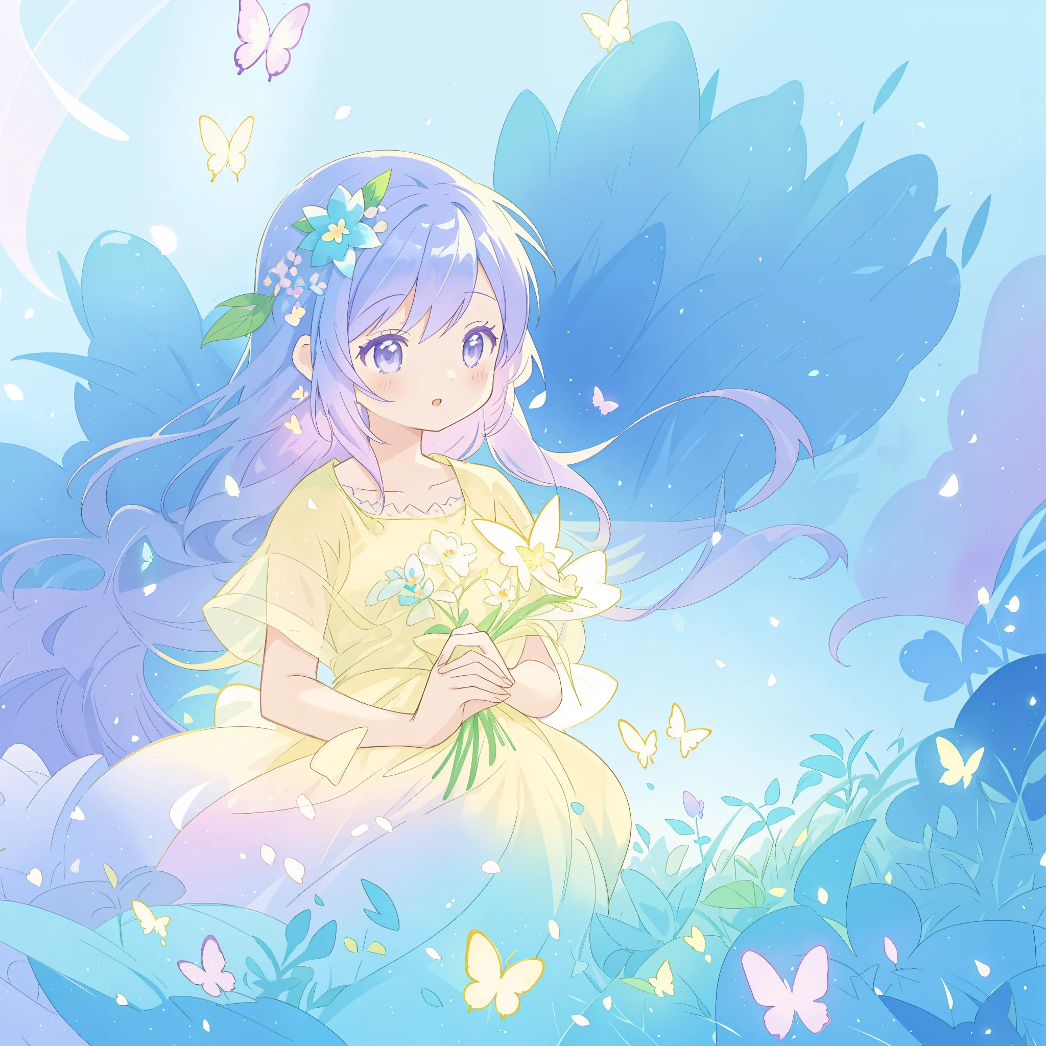 beautiful girl in yellow mint gradient flowing dress, long flowing blue purple hair, glowing flowers, glowing butterflies, colorful fantasia background, watercolor illustration, disney art style, glowing aura around her, glowing lights, beautiful digital illustration, fantasia otherworldly landscape plants flowers, beautiful, masterpiece, best quality, anime disney style