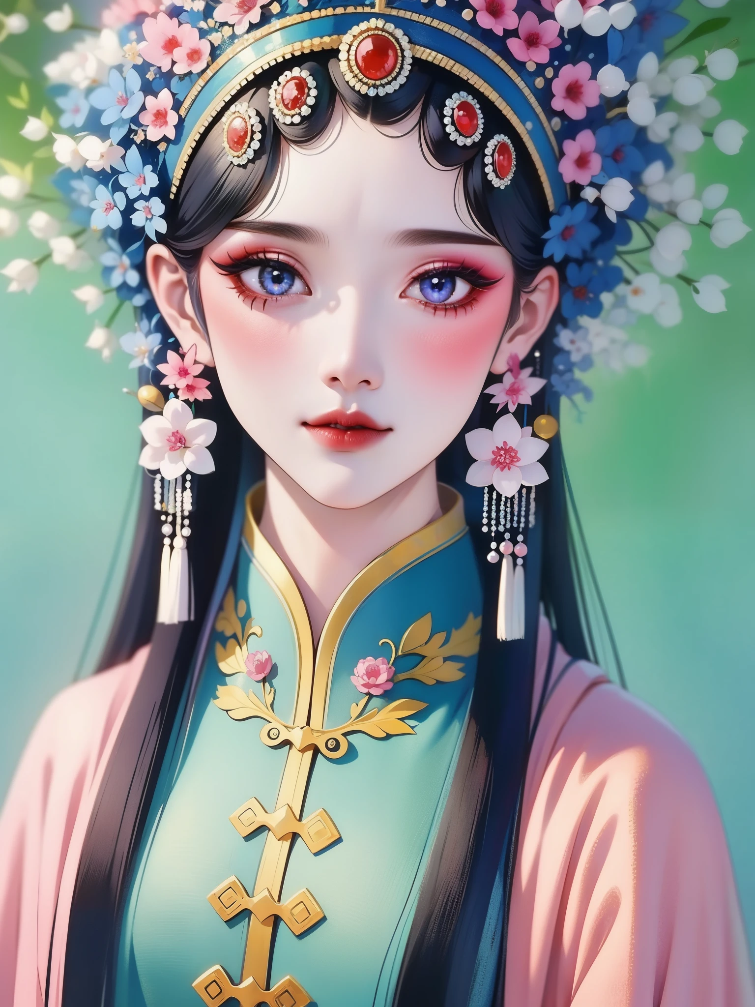 (masterpiece, best quality:1.2,lifelike:1.37), Ancient,Chinese style illustration:(1 girl,beautiful portrait ),Exquisite facial features,Detailed drawing of eyes,eyelash,blush,long hair,Exquisite makeup,There are beautiful pearls on the head,blue华丽的汉服,simple,glowing butterfly,blue:1.37,huge peony flower:1.37