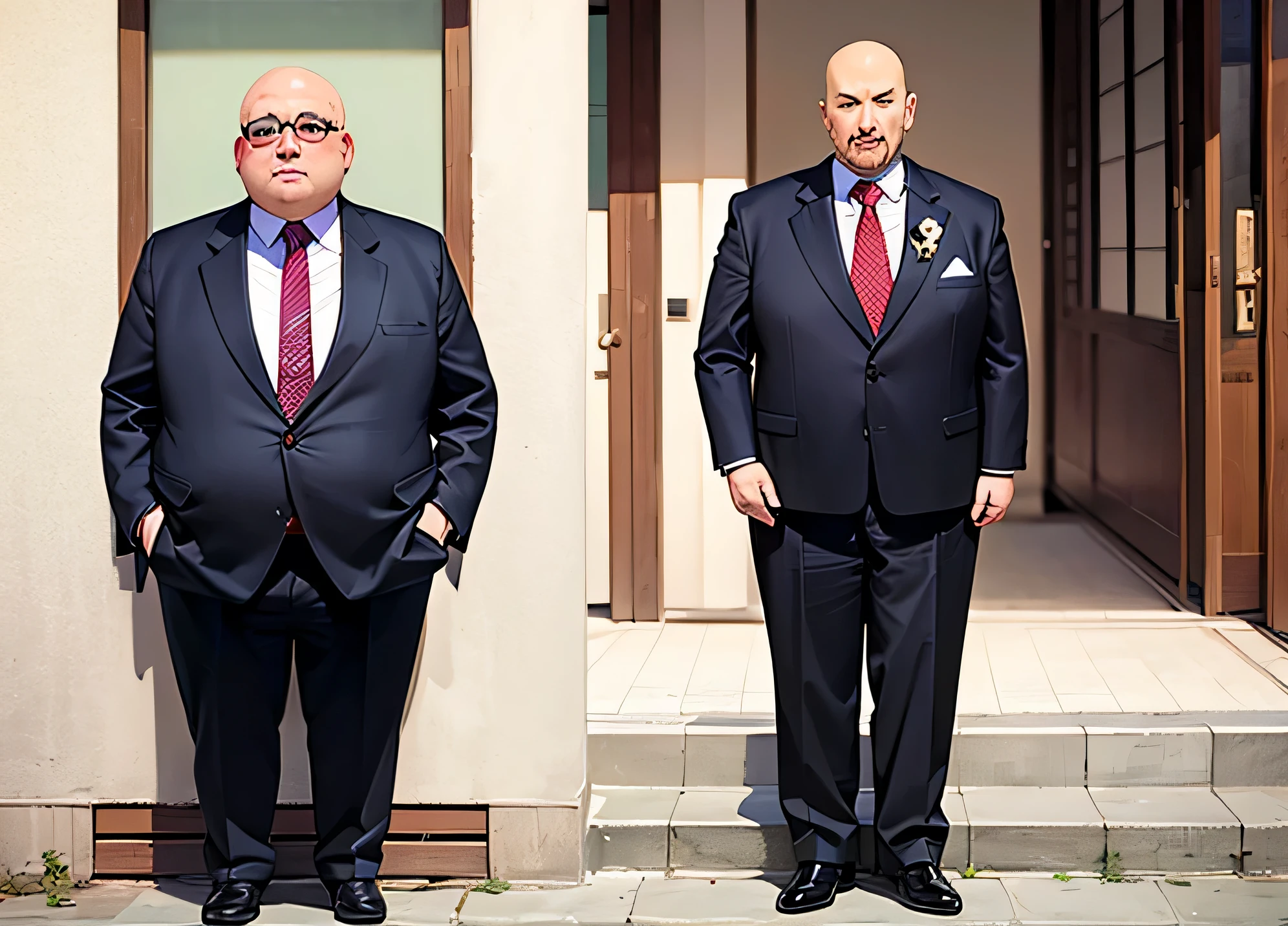 male、一人のmale性、日本人male性、中年male性、((suit figure))、obese body type、Bald、male性、front、Standing position、full body portrait、((2D))、anime style、