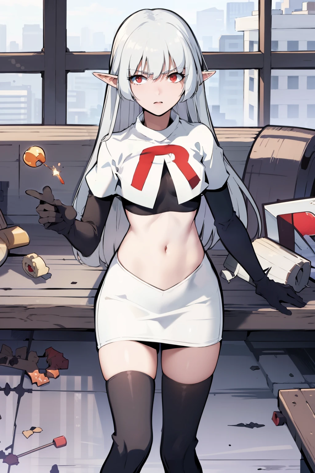 best quality, (masterpiece:1.2), detailed,
alice,
grey hair, long hair, red eyes, pointy ears, small breasts,
team rocket,team rocket uniform, red letter R, white skirt,white crop top,black thigh-highs,black elbow gloves,
looking at the viewer,