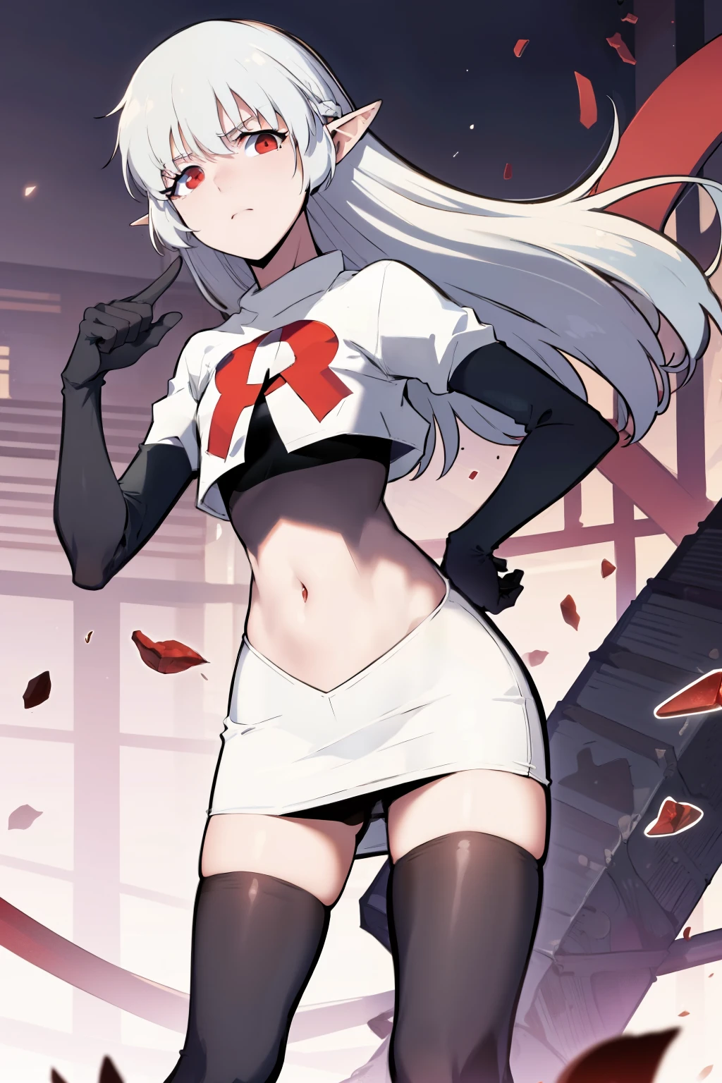 best quality, (masterpiece:1.2), detailed,
alice,
grey hair, long hair, red eyes, pointy ears, small breasts,
team rocket,team rocket uniform, red letter R, white skirt,white crop top,black thigh-highs,black elbow gloves,
looking at the viewer,