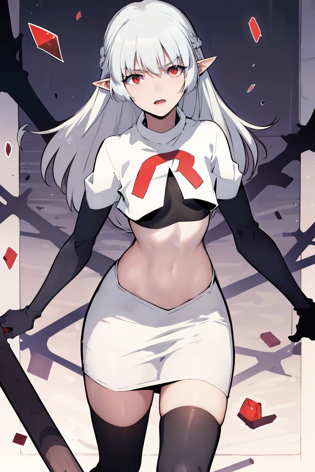 best quality, (masterpiece:1.2), detailed,
alice,
grey hair, long hair, red eyes, pointy ears, small breasts,
team rocket,team rocket uniform, red letter R, white skirt,white crop top,black thigh-highs,black elbow gloves,
looking at the viewer,