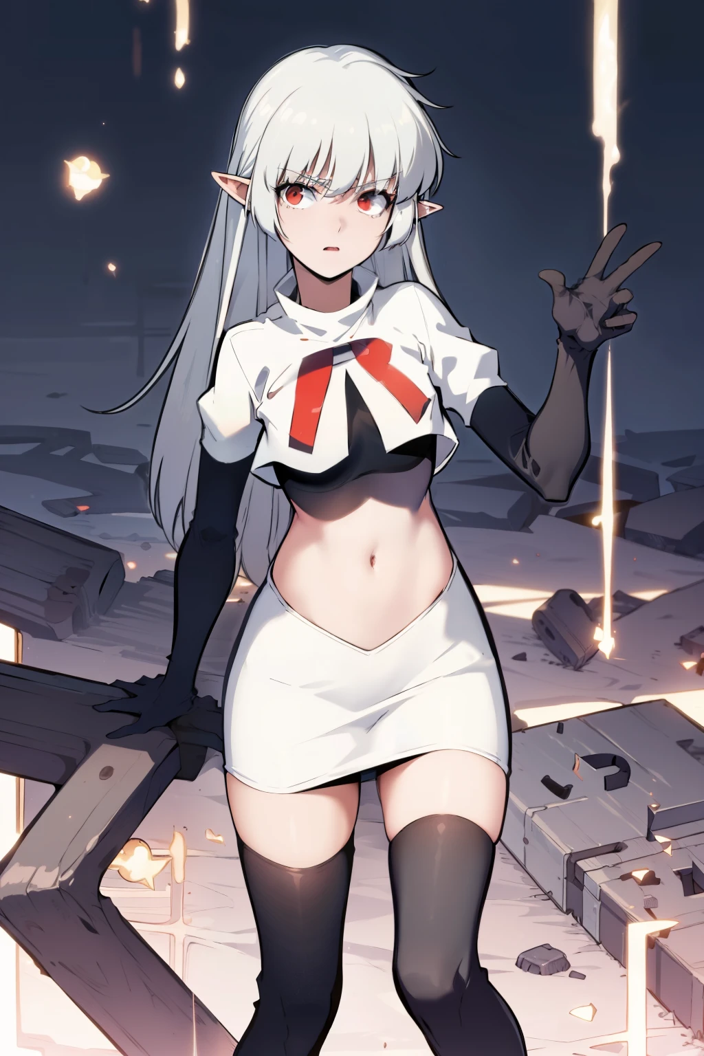 best quality, (masterpiece:1.2), detailed,
alice,
grey hair, long hair, red eyes, pointy ears, small breasts,
team rocket,team rocket uniform, red letter R, white skirt,white crop top,black thigh-highs,black elbow gloves,
looking at the viewer,