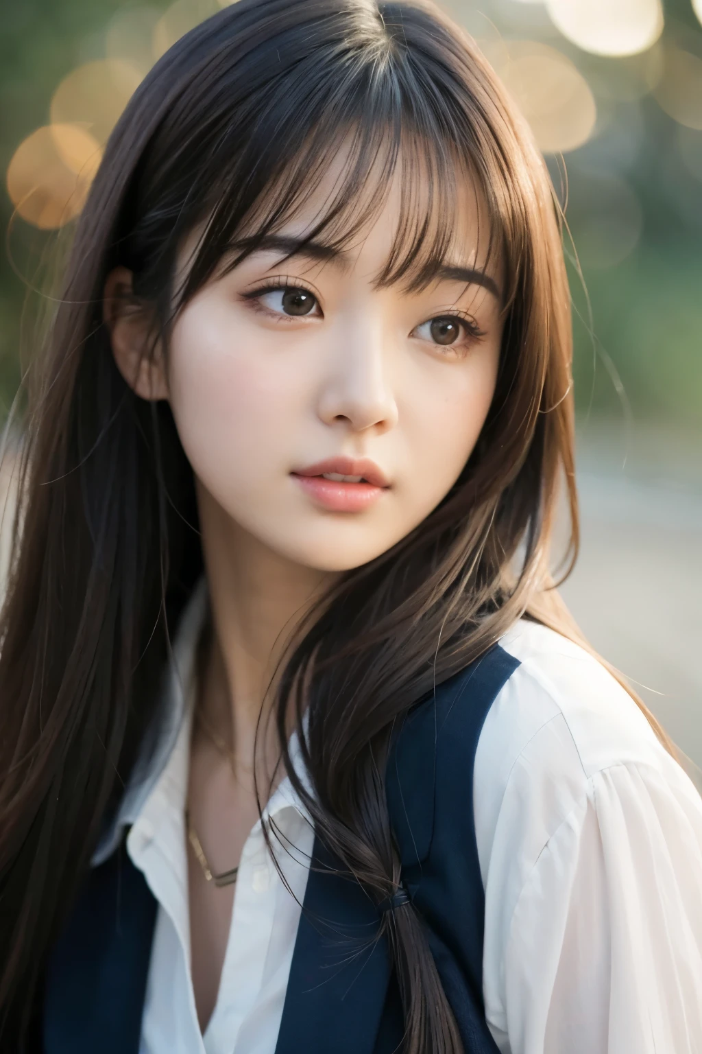 masterpiece、highest quality、8K、1 girl、20 people、Open your mouth a little、absent-minded expression、close、face close up、one person、cute、girly、delicate girl、neat beauty、RAW photo、professional photography、Portrait、soft light、professional writing、Backlight、I'm looking forward to it、Sophisticated、film grain、(eye and face details:1.0)、medium length floating hair、beautiful flowing hair、bangs、