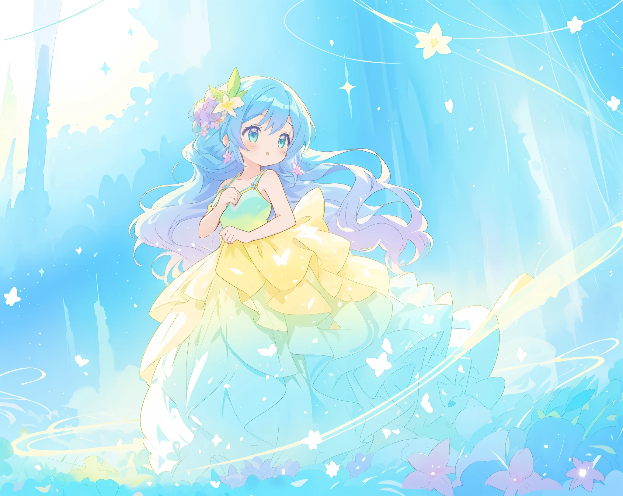 beautiful girl in yellow mint gradient flowing ballgown, long flowing blue purple hair, colorful fantasia background, vibrant bright colors, watercolor illustration, disney art style, glowing aura around her, glowing lights, beautiful digital illustration, fantasia otherworldly landscape plants flowers, beautiful, masterpiece, best quality, anime disney style