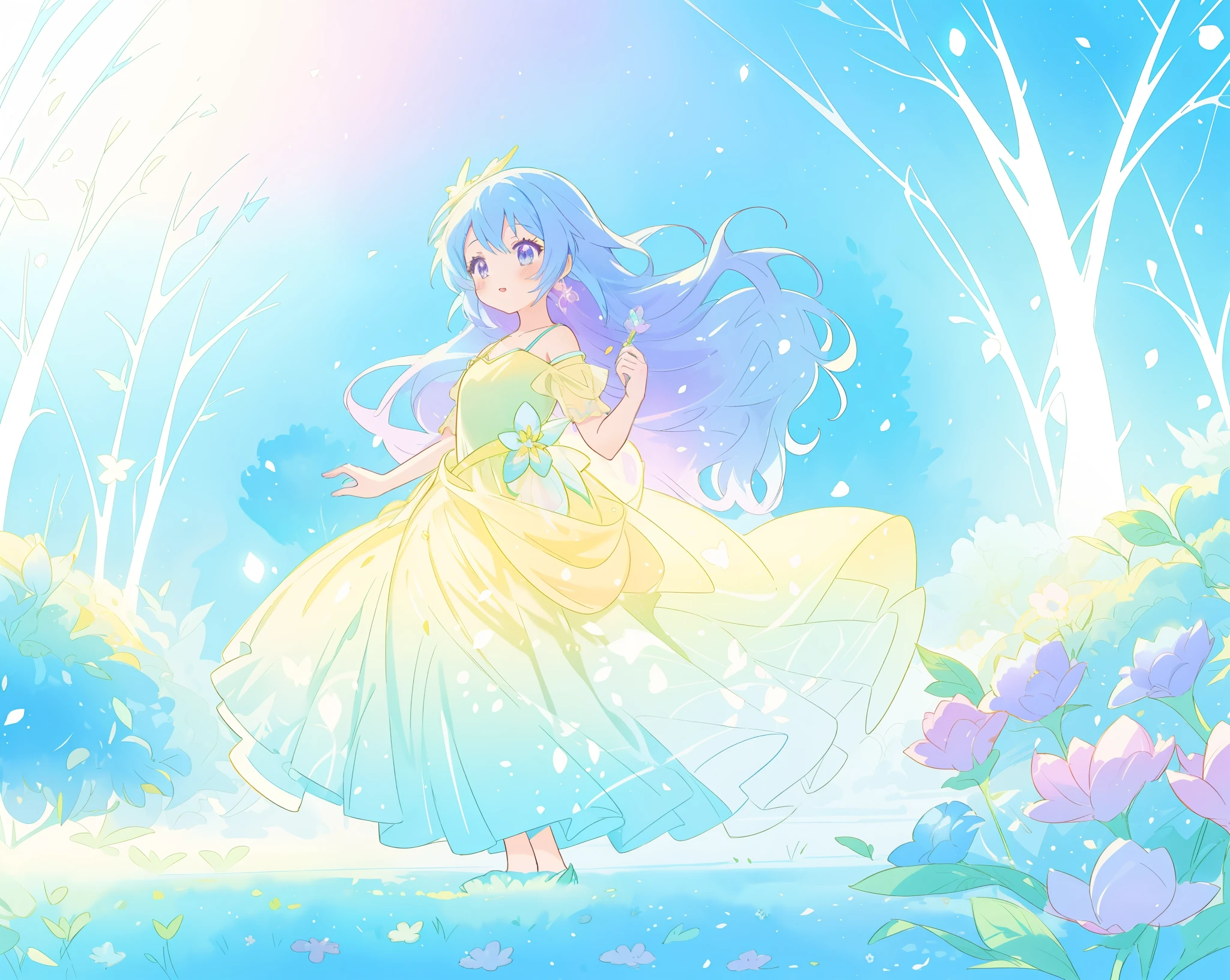 beautiful girl in yellow mint gradient flowing ballgown, long flowing blue purple hair, colorful fantasia background, vibrant bright colors, watercolor illustration, disney art style, glowing aura around her, glowing lights, beautiful digital illustration, fantasia otherworldly landscape plants flowers, beautiful, masterpiece, best quality, anime disney style