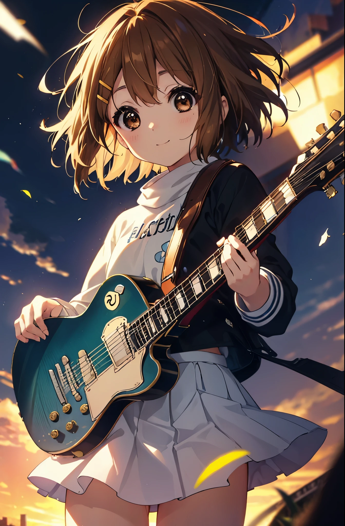 yuihirasawa, yui hirasawa, short hair, brown hair, hair ornaments, (brown eyes:1.5),blush,smile,white oversized sweater, black pleated skirt,white pantyhose,short boots,hair clip,guitar(Gibson　Les Paul)flip、smile、Overlooking the city from the top of the hill、the sunset is beautiful、風が強い
break otdoors, ,
break looking at viewer, (cowboy shot:1.5),
break (masterpiece:1.2), highest quality, High resolution, unity 8k wallpaper, (shape:0.8), (fine and beautiful eyes:1.6), highly detailed face, perfect lighting, Very detailed CG, (perfect hands, perfect anatomy),