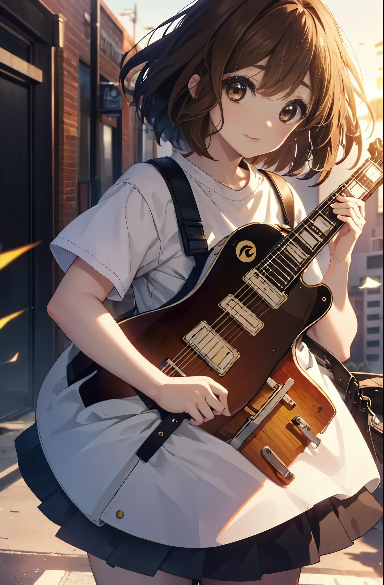 yuihirasawa, yui hirasawa, short hair, brown hair, hair ornaments, (brown eyes:1.5),blush,smile,white oversized sweater, black pleated skirt,white pantyhose,short boots,hair clip,guitar(Gibson　Les Paul)flip、smile、Overlooking the city from the top of the hill、the sunset is beautiful、風が強い
break otdoors, ,
break looking at viewer, (cowboy shot:1.5),
break (masterpiece:1.2), highest quality, High resolution, unity 8k wallpaper, (shape:0.8), (fine and beautiful eyes:1.6), highly detailed face, perfect lighting, Very detailed CG, (perfect hands, perfect anatomy),