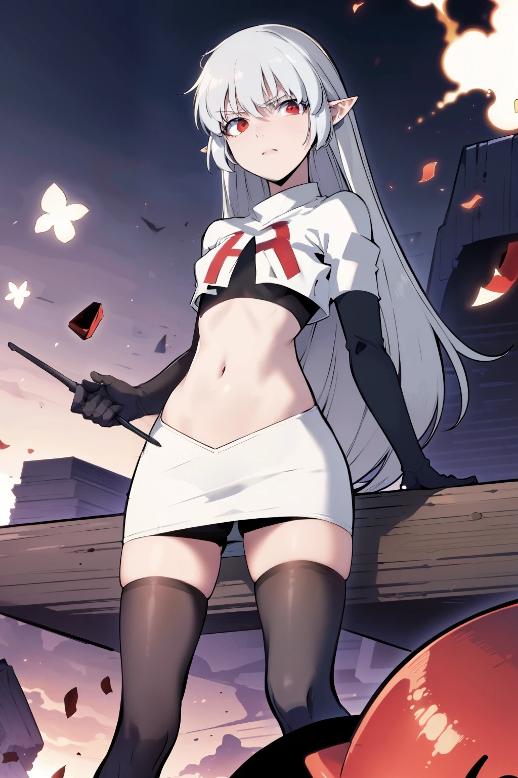 best quality, (masterpiece:1.2), detailed,
alice,
grey hair, long hair, red eyes, pointy ears, small breasts,
team rocket,team rocket uniform, red letter R, white skirt,white crop top,black thigh-highs,black elbow gloves,
looking at the viewer,