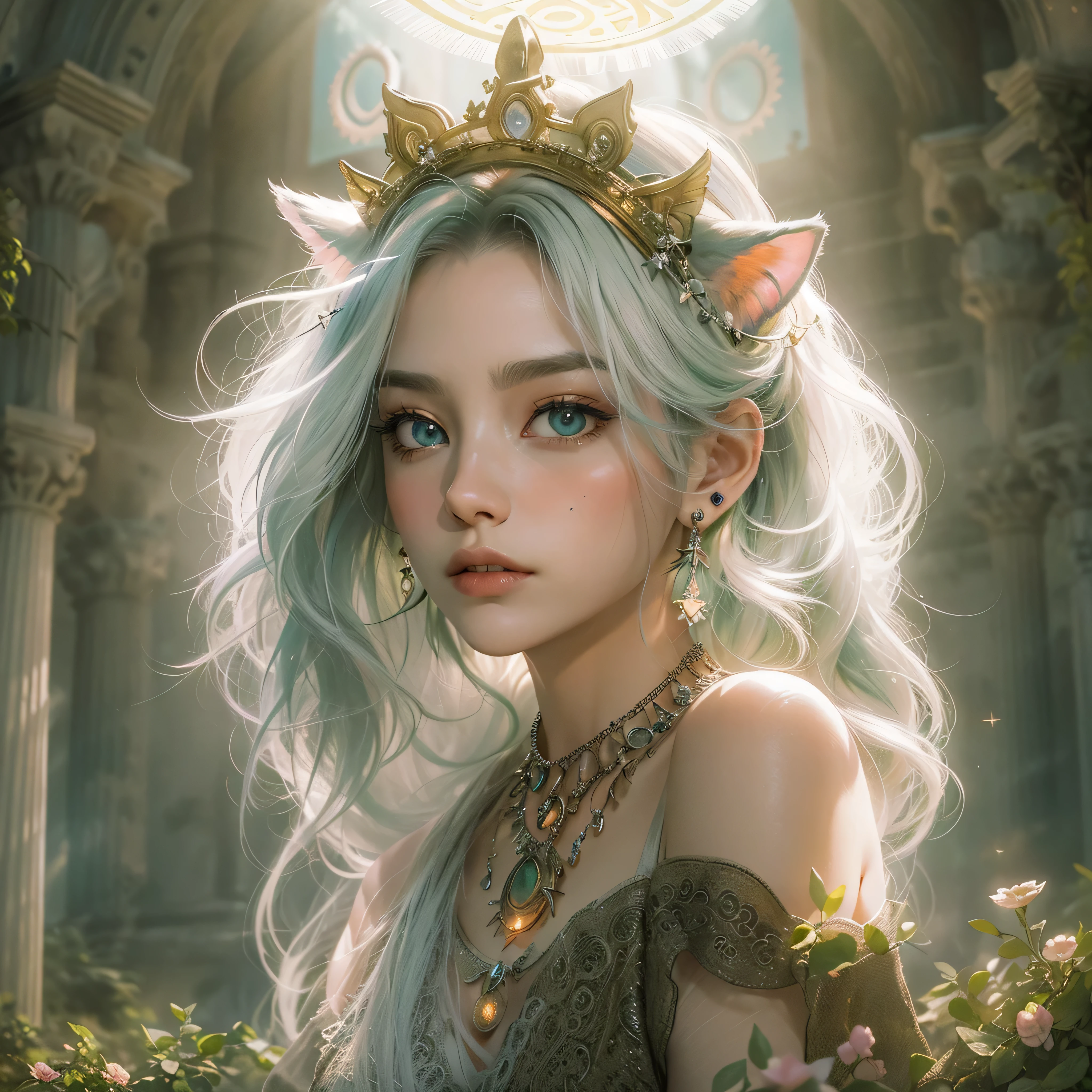 ((cat ears on head)), (award-winning masterpieces galore, incredibly detailed, textured and maximally detailed), (hyper realistic: 1.4), (realistic: 1.3), (top quality realistic textured skin), (dense perfect circle, symmetrically beautifully rendered(angelic light, circle of divine radiance, overhead: 1.8), ((medieval world)), (beautiful gentle eyes), (love the sky with beautiful colored eyes and wonderful cloud mass), (halo optical phenomenon: 1.3), (dramatic light), (wonderful scenery), (verybeautiful expression), , flower earrings in her ears, (((dramatic photo))), (twilight), (sunset), (dusk), ((sacred pose)), (silver hair), (Blue hair), (chestnut hair)), flower garden, (elaborate necklace around her neck), old ruins infested with plants, great temple, greatcathedral, ruins of a temple, remote temple, (glowing magic circle), ruins of an ancient castle, desolate ruins, crumbling ruins, ancient ruins with clear water, holy light, epic realistic, ((neutral color)), (HDR:1.5), (subdued color:1.2), highly detailed, cinematic, warmLight, Dramatic light, (Complex details:1.1), Complex background, Petals, Pastel colors