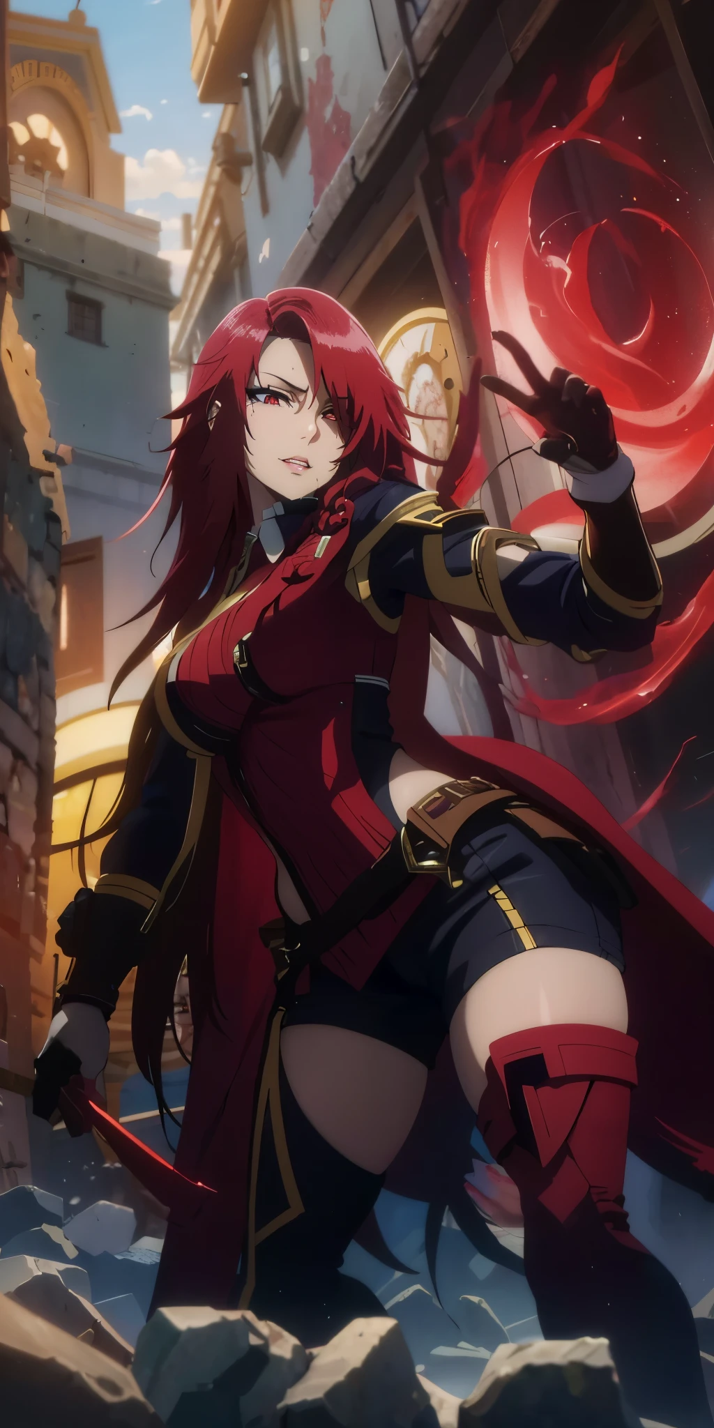 red hair, long hair, braid, red eyes, muscular female, anatomically correct, best quality, masterpiece, high quality, high details, highres, HD, (shaded face:1.2), hollow eyes, looking at viewer, heavy breathing, smirk, uppert teeth, a woman in a blue and white outfit holding a large metal object, lux from league of legends, orianna, style artgerm, artgerm style, kda, ig model | artgerm, ashe, trending artgerm, extremely detailed artgerm, style of artgerm, artgerm jsc, style league of legends
