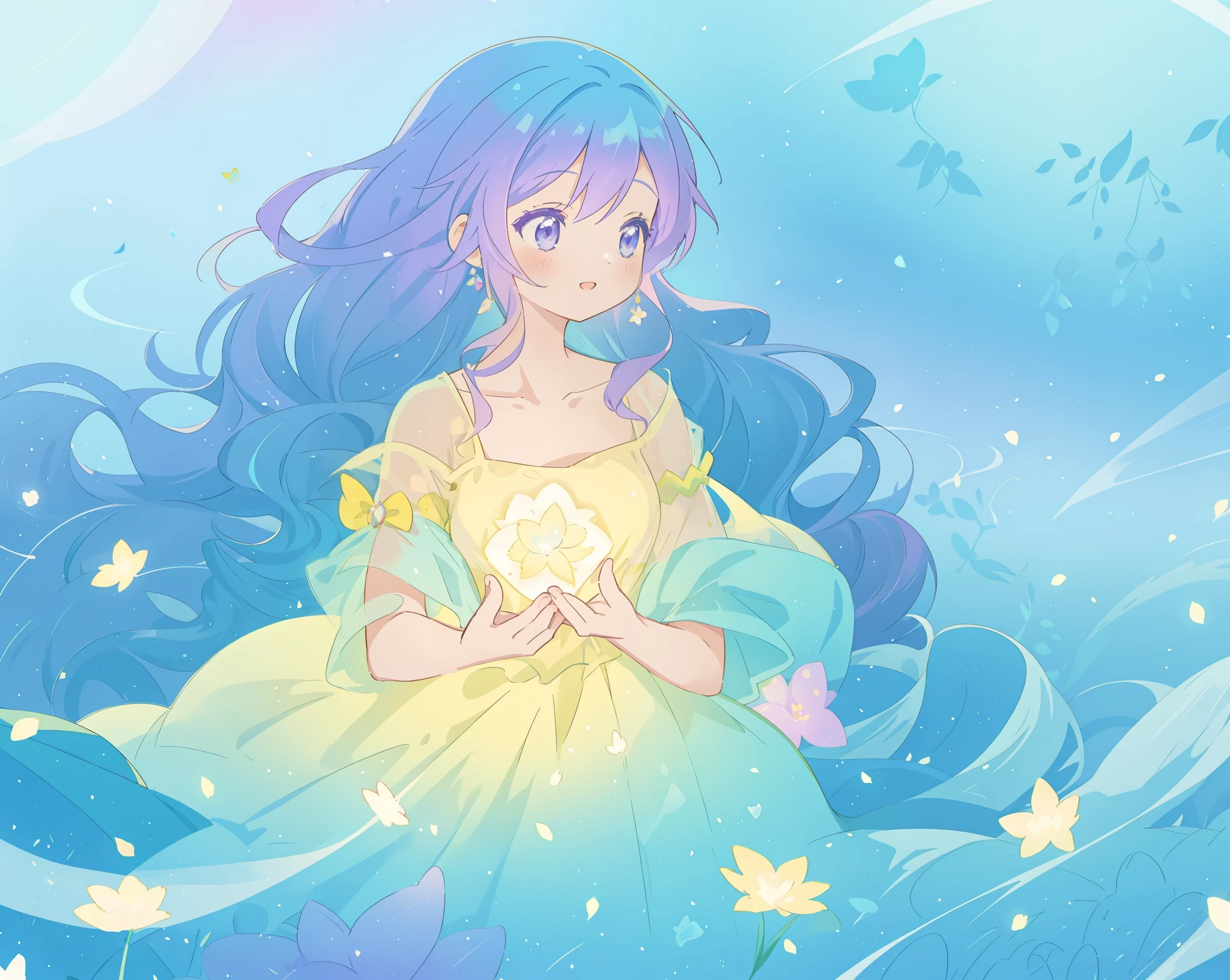 beautiful girl in yellow mint gradient flowing ballgown, long flowing blue purple hair, colorful fantasia background, watercolor illustration, disney art style, glowing aura around her, glowing lights, beautiful digital illustration, fantasia otherworldly landscape plants flowers, beautiful, masterpiece, best quality, anime disney style