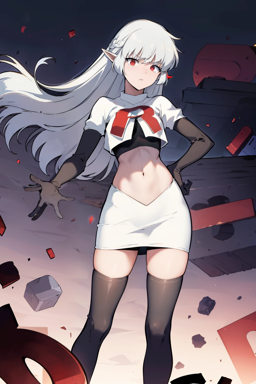 best quality, (masterpiece:1.2), detailed,
alice,
grey hair, long hair, red eyes, pointy ears, small breasts,
team rocket,team rocket uniform, red letter R, white skirt,white crop top,black thigh-highs,black elbow gloves,
looking at the viewer,