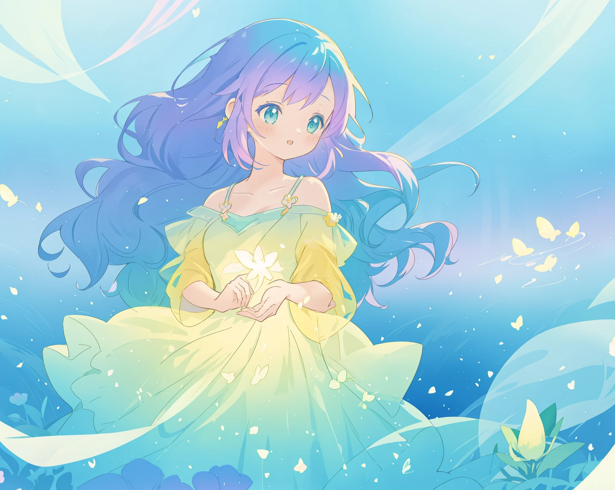 beautiful girl in yellow mint gradient flowing ballgown, long flowing blue purple hair, colorful fantasia background, watercolor illustration, disney art style, glowing aura around her, glowing lights, beautiful digital illustration, fantasia otherworldly landscape plants flowers, beautiful, masterpiece, best quality, anime disney style