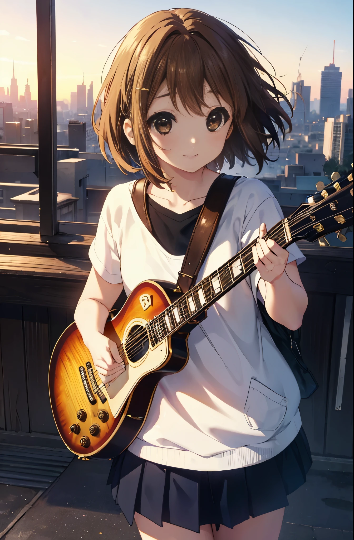 yuihirasawa, yui hirasawa, short hair, brown hair, hair ornaments, (brown eyes:1.5),blush,smile,white oversized sweater, black pleated skirt,white pantyhose,short boots,hair clip,guitar(Gibson Les Paul)flip、smile、Overlooking the city from the top of the hill、the sunset is beautiful、風が強い
break otdoors, ,
break looking at viewer, (cowboy shot:1.5),
break (masterpiece:1.2), highest quality, High resolution, unity 8k wallpaper, (shape:0.8), (fine and beautiful eyes:1.6), highly detailed face, perfect lighting, Very detailed CG, (perfect hands, perfect anatomy),
