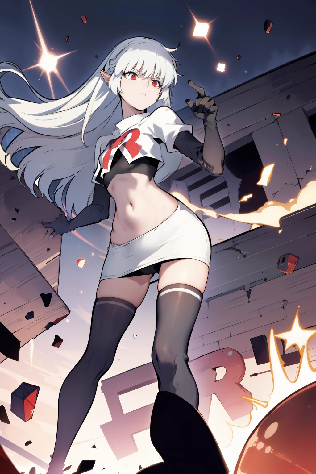 best quality, (masterpiece:1.2), detailed,
alice,
grey hair, long hair, red eyes, pointy ears, small breasts,
team rocket,team rocket uniform, red letter R, white skirt,white crop top,black thigh-highs,black elbow gloves,
looking at the viewer,