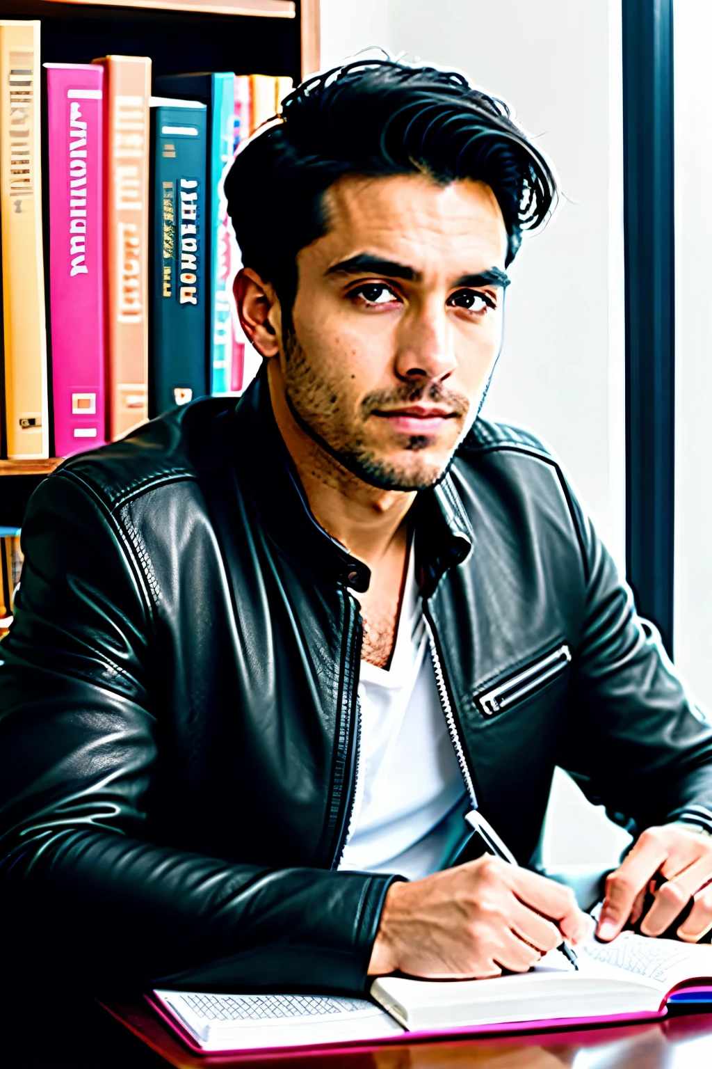 photo of a man( serious expression), brown, even eyes, Ultra textured leather, short black hair, White shirt, pastel jacket, sitting at a desk, writing pen in right hand, the left arm is bent at the elbow and lies on the table, against the backdrop of many books, creates the impression of a successful person with a desire to learn. filmed with a professional camera, under artificial light, looks straight, full face 