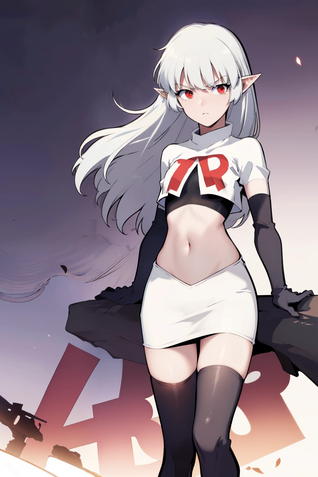 best quality, (masterpiece:1.2), detailed,
alice,
grey hair, long hair, red eyes, pointy ears, small breasts,
team rocket,team rocket uniform, red letter R, white skirt,white crop top,black thigh-highs,black elbow gloves,
looking at the viewer,