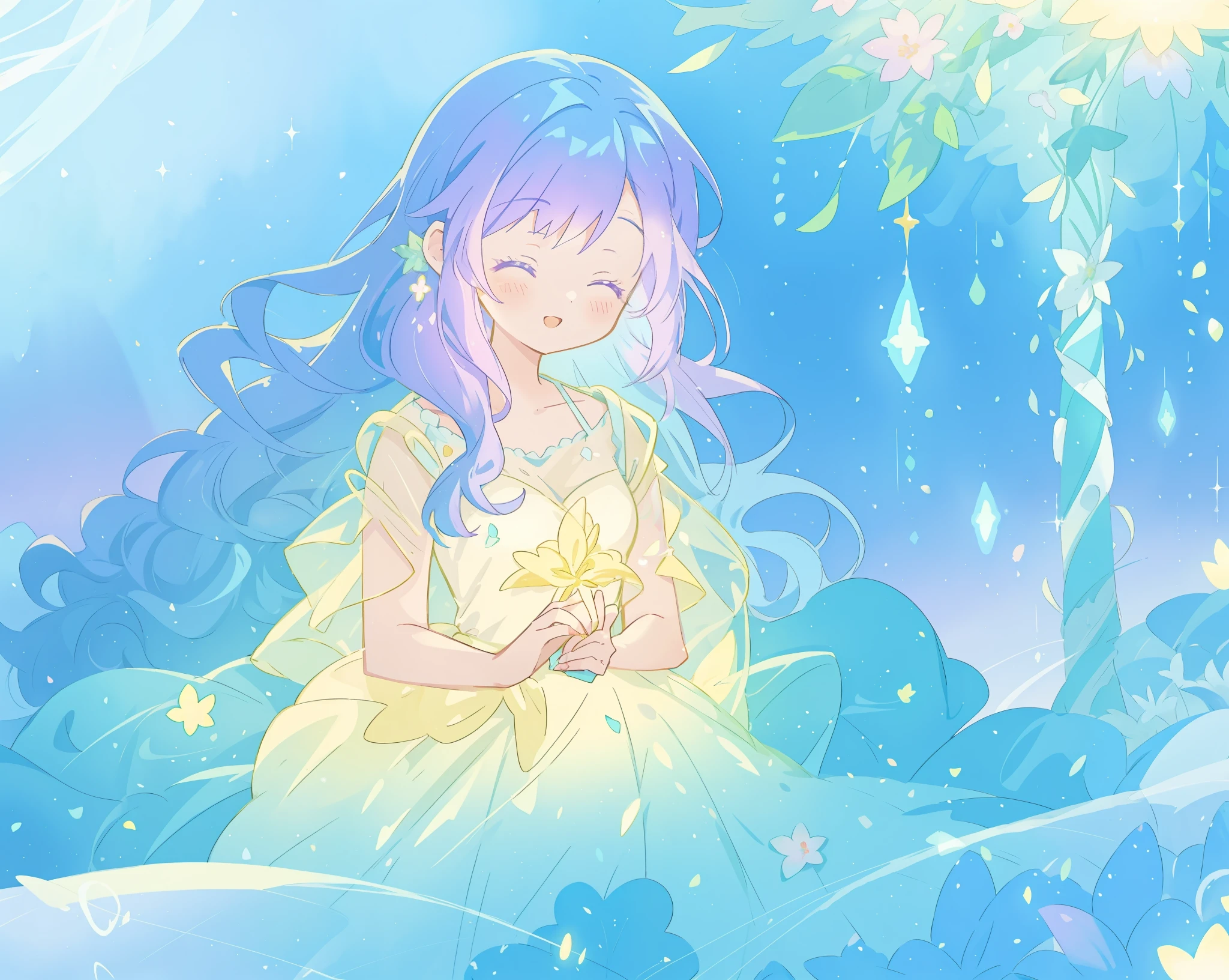 beautiful girl in yellow mint gradient flowing ballgown, long flowing blue purple hair, colorful fantasia background, watercolor illustration, disney art style, glowing aura around her, glowing lights, beautiful digital illustration, fantasia otherworldly landscape plants flowers, beautiful, masterpiece, best quality, anime disney style