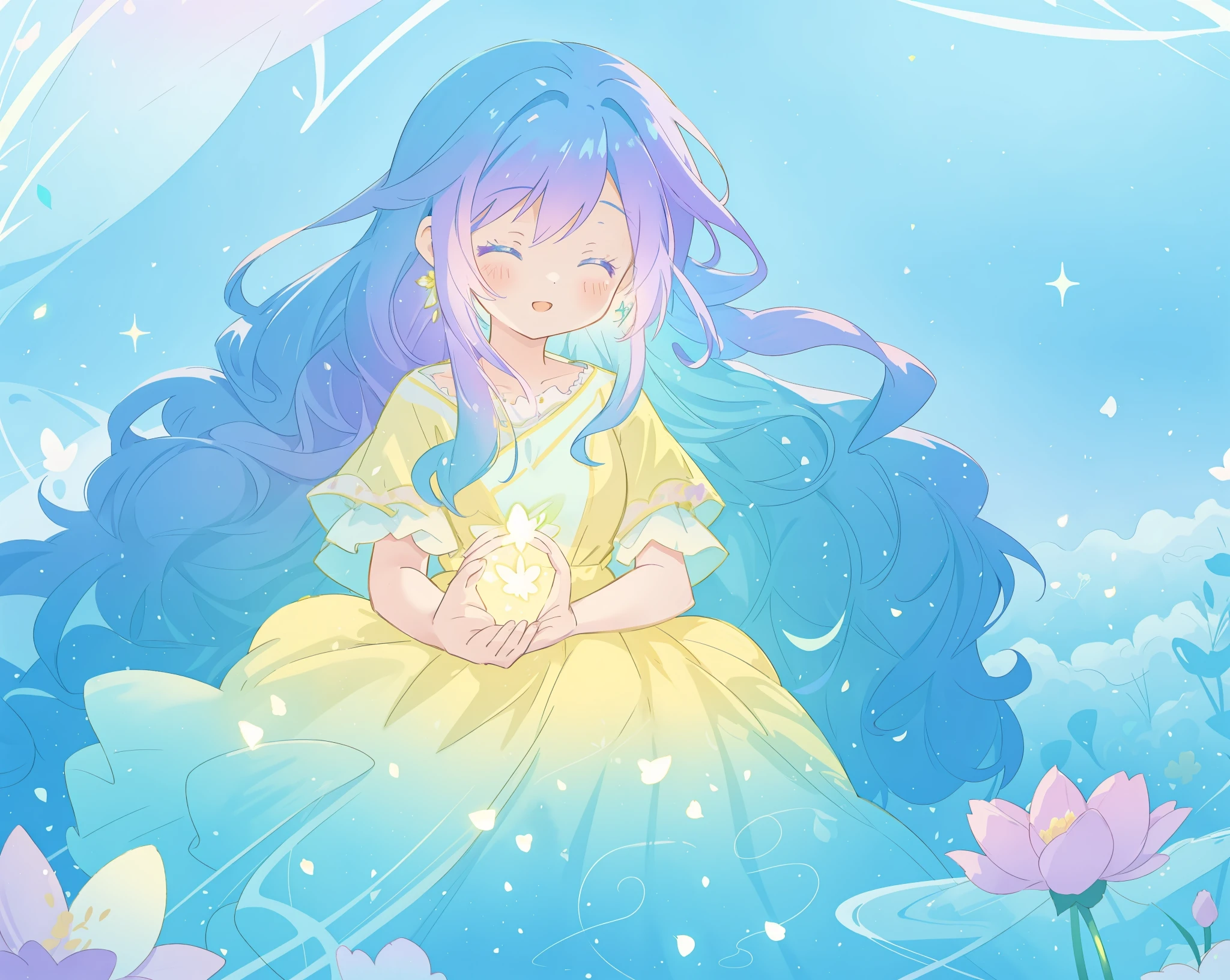 beautiful girl in yellow mint gradient flowing ballgown, long flowing blue purple hair, colorful fantasia background, watercolor illustration, disney art style, glowing aura around her, glowing lights, beautiful digital illustration, fantasia otherworldly landscape plants flowers, beautiful, masterpiece, best quality, anime disney style