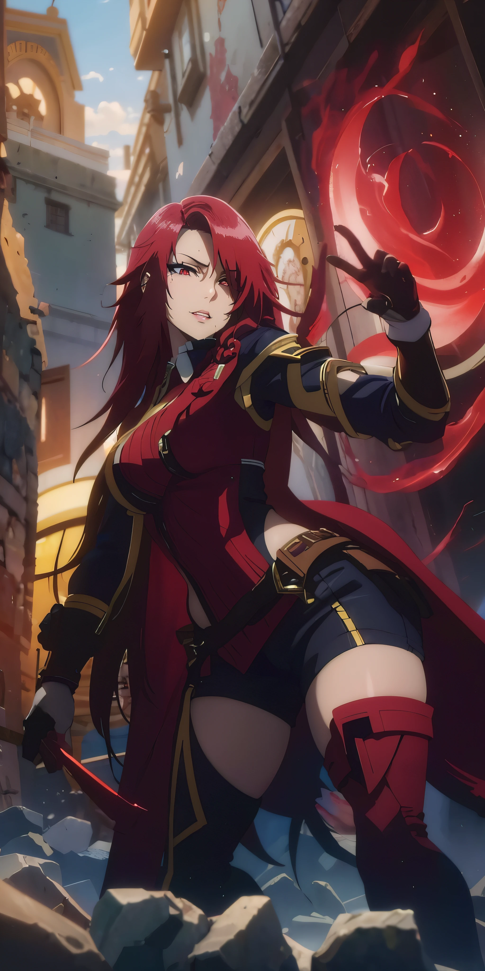 red hair, long hair, braid, red eyes, muscular female, anatomically correct, best quality, masterpiece, high quality, high details, highres, HD, (shaded face:1.2), hollow eyes, looking at viewer, heavy breathing, smirk, uppert teeth, a woman in a blue and white outfit holding a large metal object, lux from league of legends, orianna, style artgerm, artgerm style, kda, ig model | artgerm, ashe, trending artgerm, extremely detailed artgerm, style of artgerm, artgerm jsc, style league of legends
