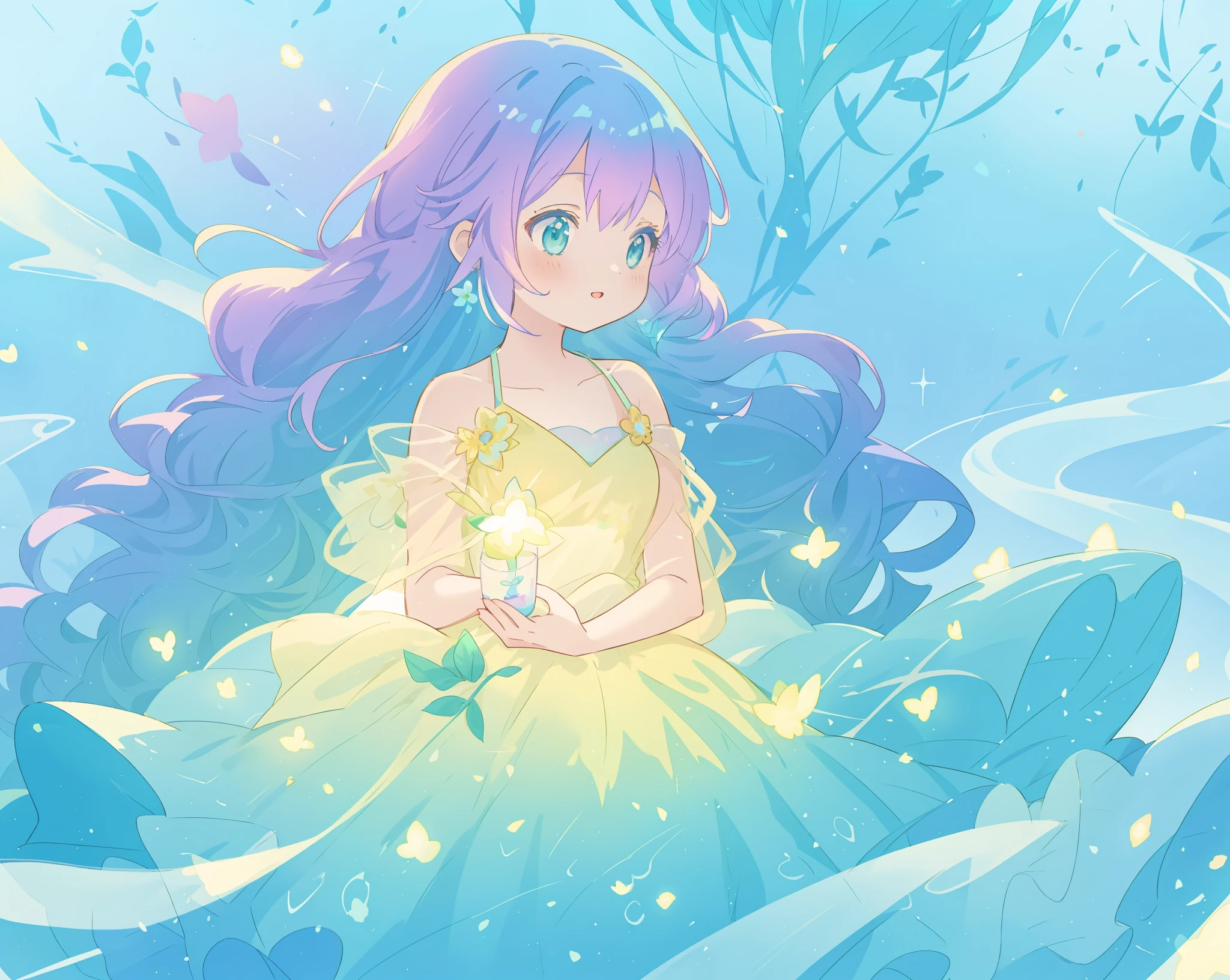 beautiful girl in yellow mint gradient flowing ballgown, long flowing blue purple hair, colorful fantasia background, watercolor illustration, disney art style, glowing aura around her, glowing lights, beautiful digital illustration, fantasia otherworldly landscape plants flowers, beautiful, masterpiece, best quality, anime disney style