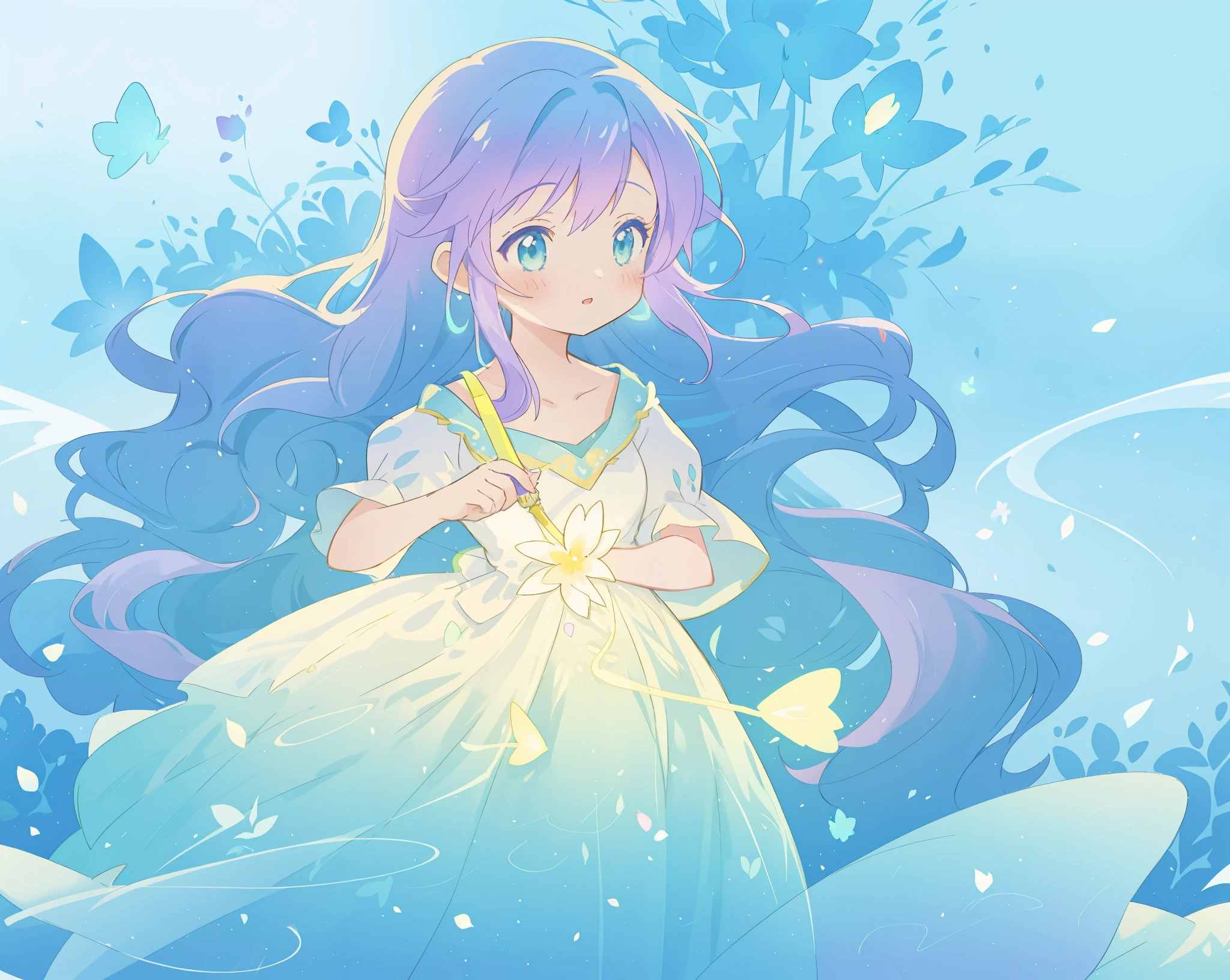 beautiful girl in yellow mint gradient flowing ballgown, long flowing blue purple hair, colorful fantasia background, watercolor illustration, disney art style, glowing aura around her, glowing lights, beautiful digital illustration, fantasia otherworldly landscape plants flowers, beautiful, masterpiece, best quality, anime disney style